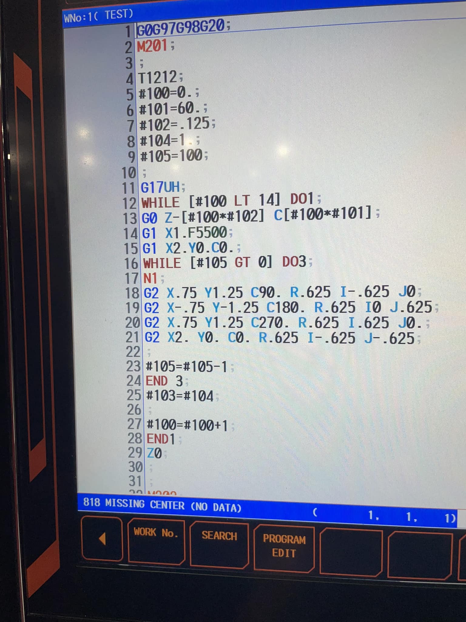 What causes a Mazak machine to display a missing center error?