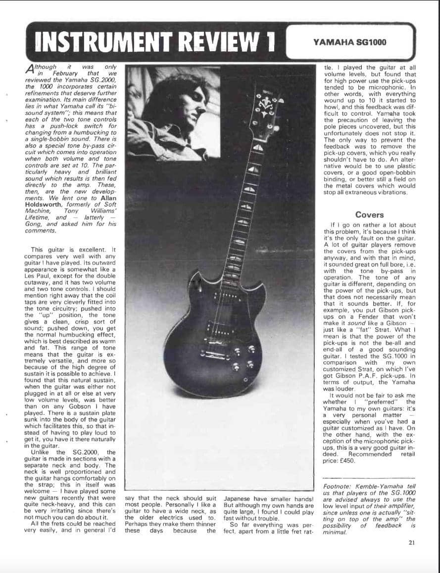 Allan Holdsworth's review of the Yam SG1000 guitar