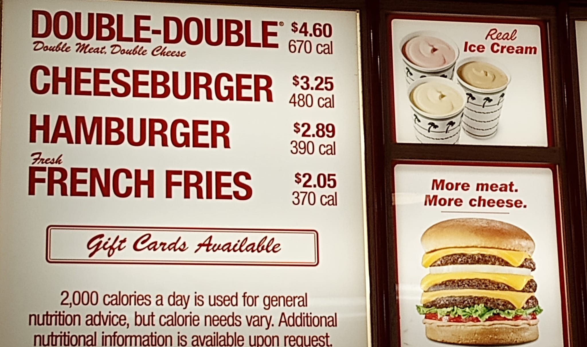 Super ultra mega rare photo of In-N-Out Burger prices and calories