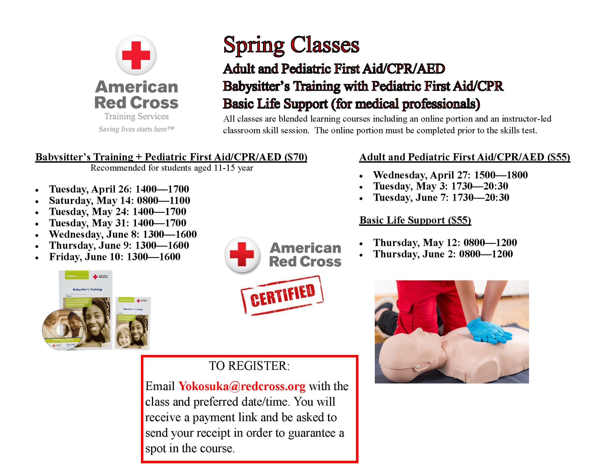 The American Red Cross Yokosuka offers CPR training, Basic Life