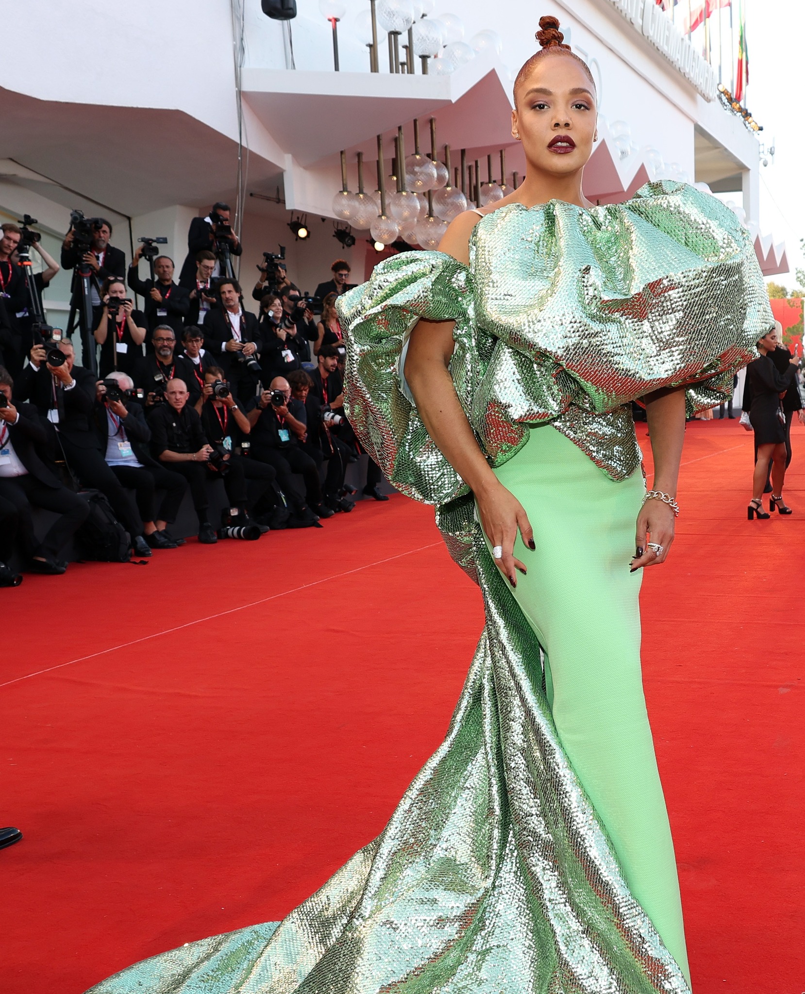 tessa thompson green dress is slaying in this dress! Her arrival at the Golden Globes is everything square