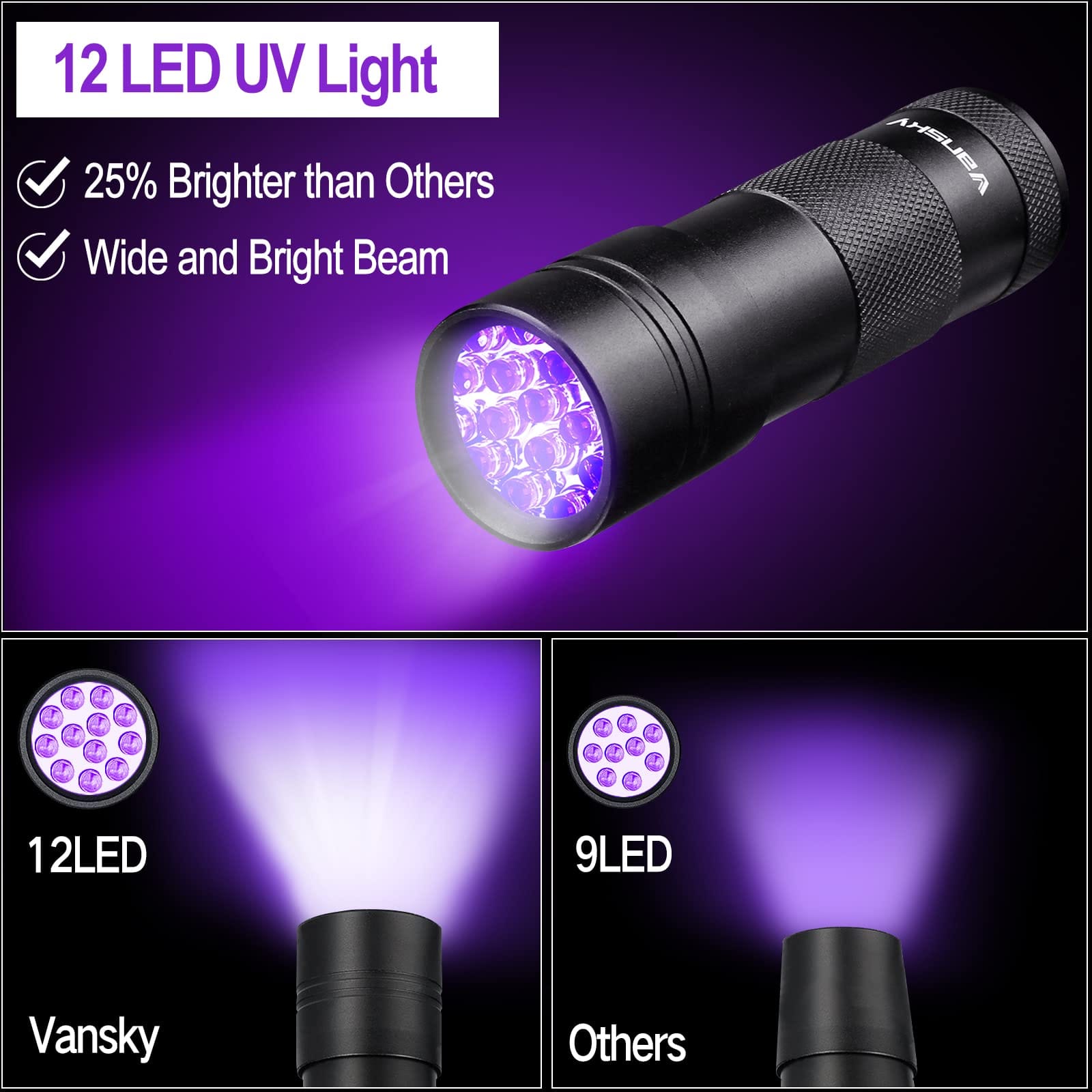 vansky uv flashlight black light Light Flashlight: 395nm 12 LED 2 Pack Ultraviolet Blacklight Mini Powerful Pet Urine Detector for Dog/Cat, Carpet Dry Stains Detection, Spot Scorpions, Resin Curing : Pet fluorescent detector Vansky UV Flashlight Black Light