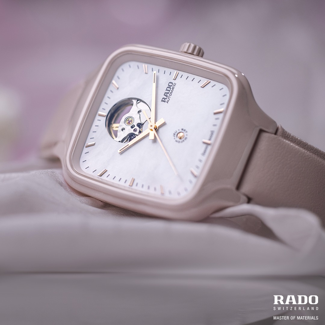 RADO - The polished light rose high-tech ceramic square case, its ...