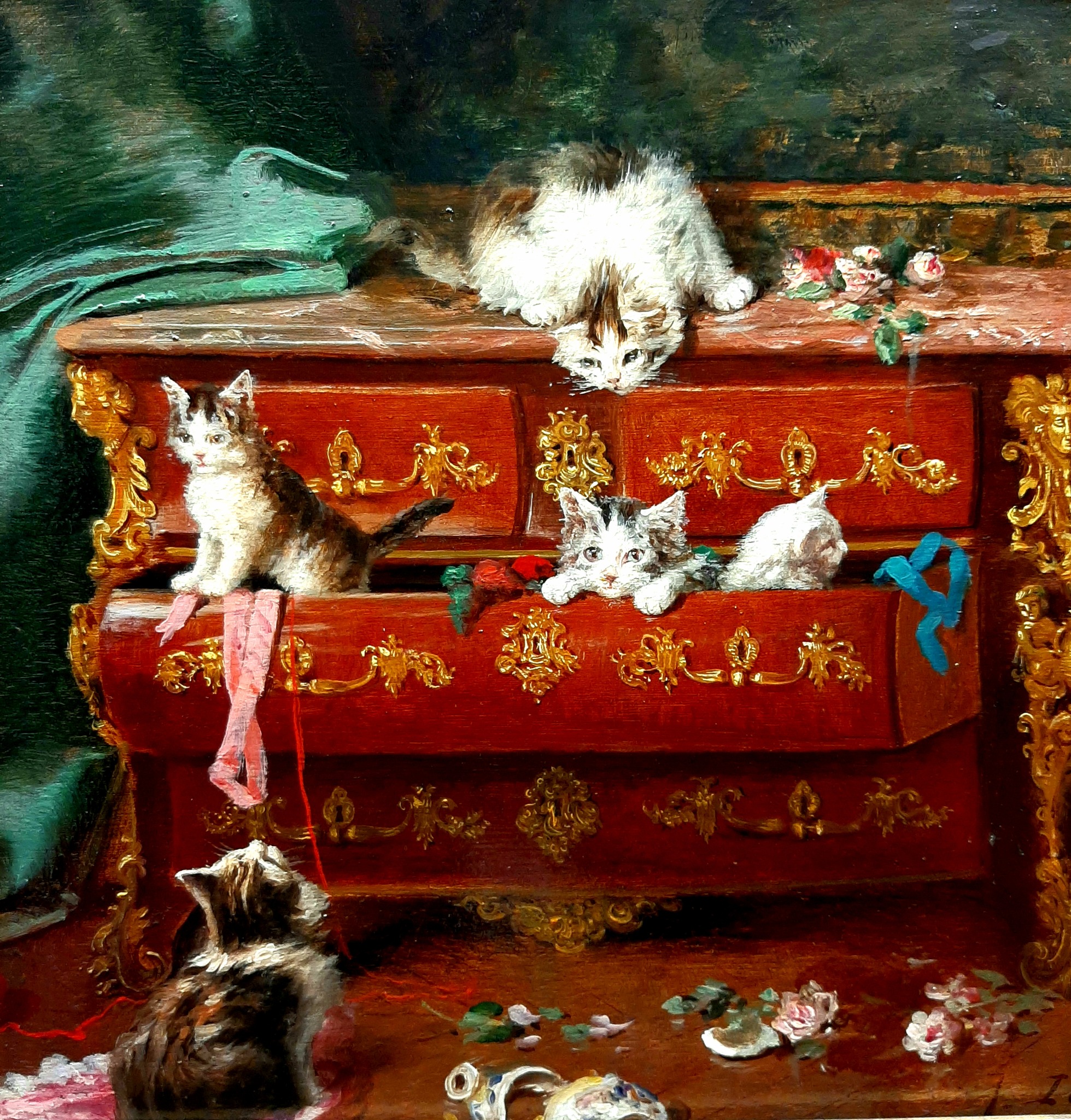 Jules LeRoy's oil painting of cats in a parlor