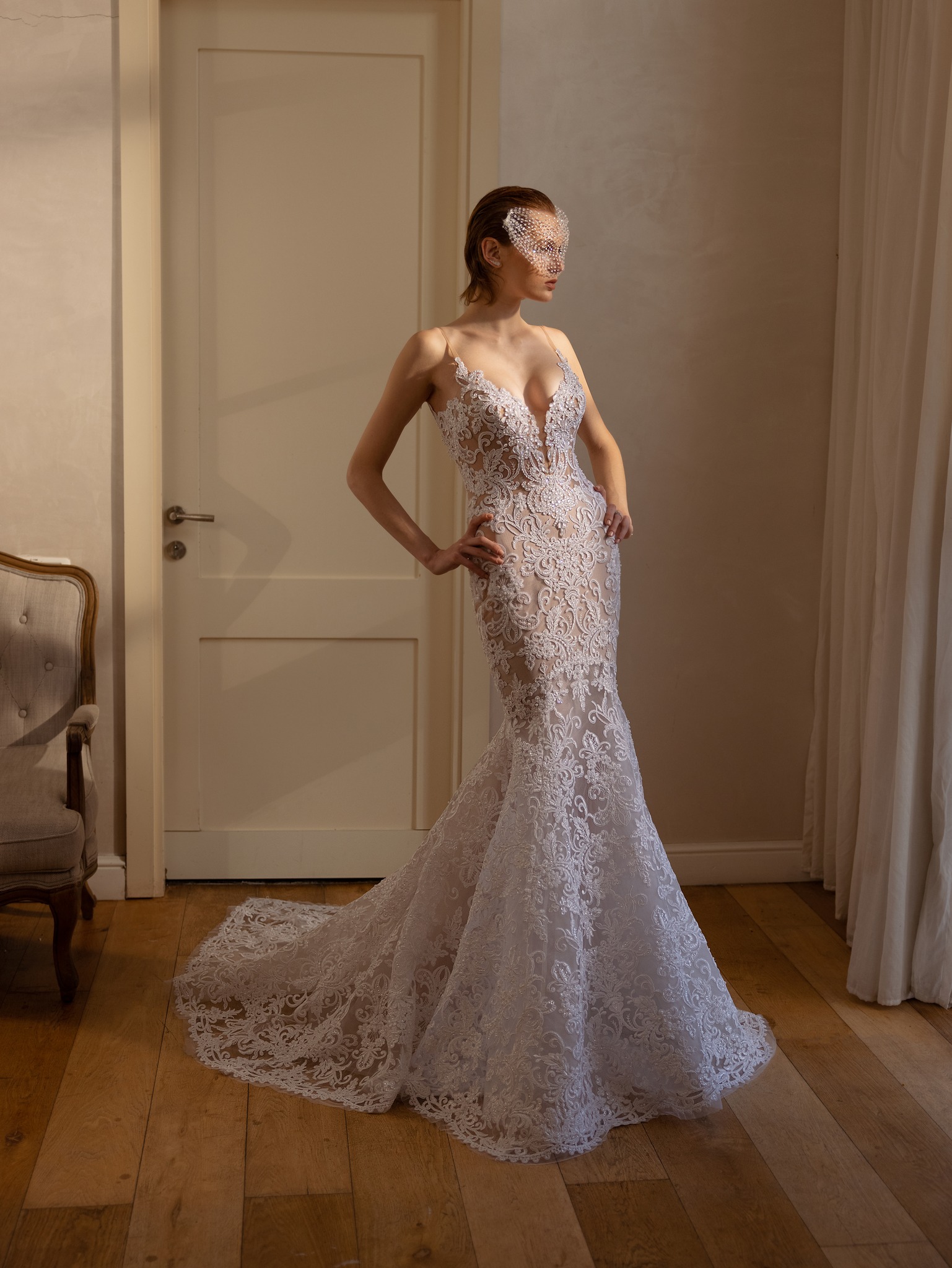 Feeling the Old Hollywood vibes today with Stardust Collection Style 4925✨ This mermaid wedding gown in white beaded lace with a sheer bodice and side panels, deep V illusion neckline, and water