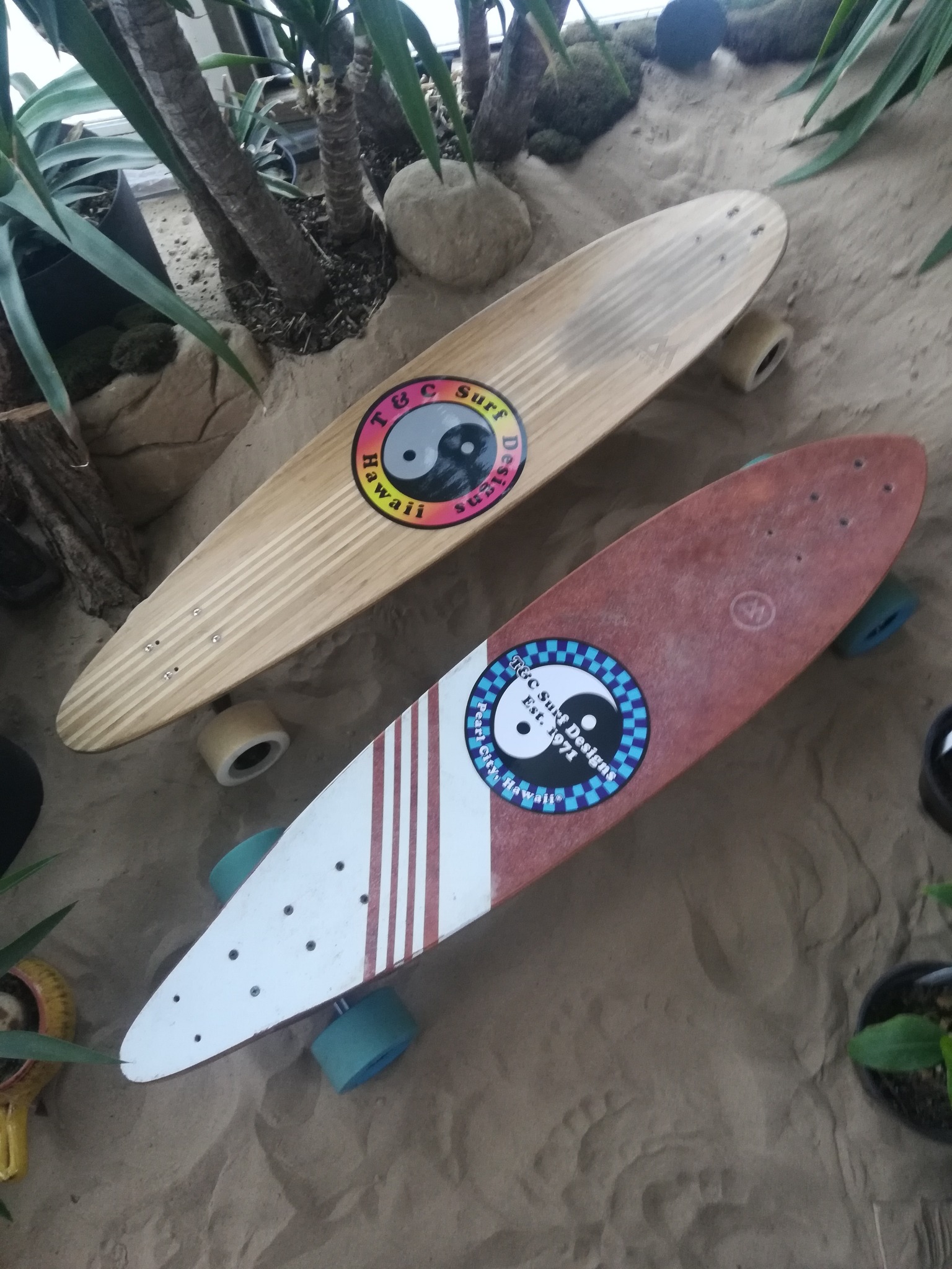 Vintage surf stickers on surfskate