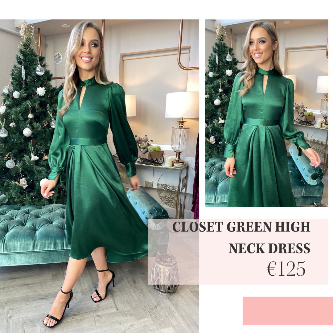 green closet dress Glamour🍸. Our gorgeous “Closet Green High Neck Dress”..€125✨.This luscious satin features an a-line skirt, tie back, a stand-out keyhole detail x #eventwear #occasionwear Caegory_All Evening Dresses