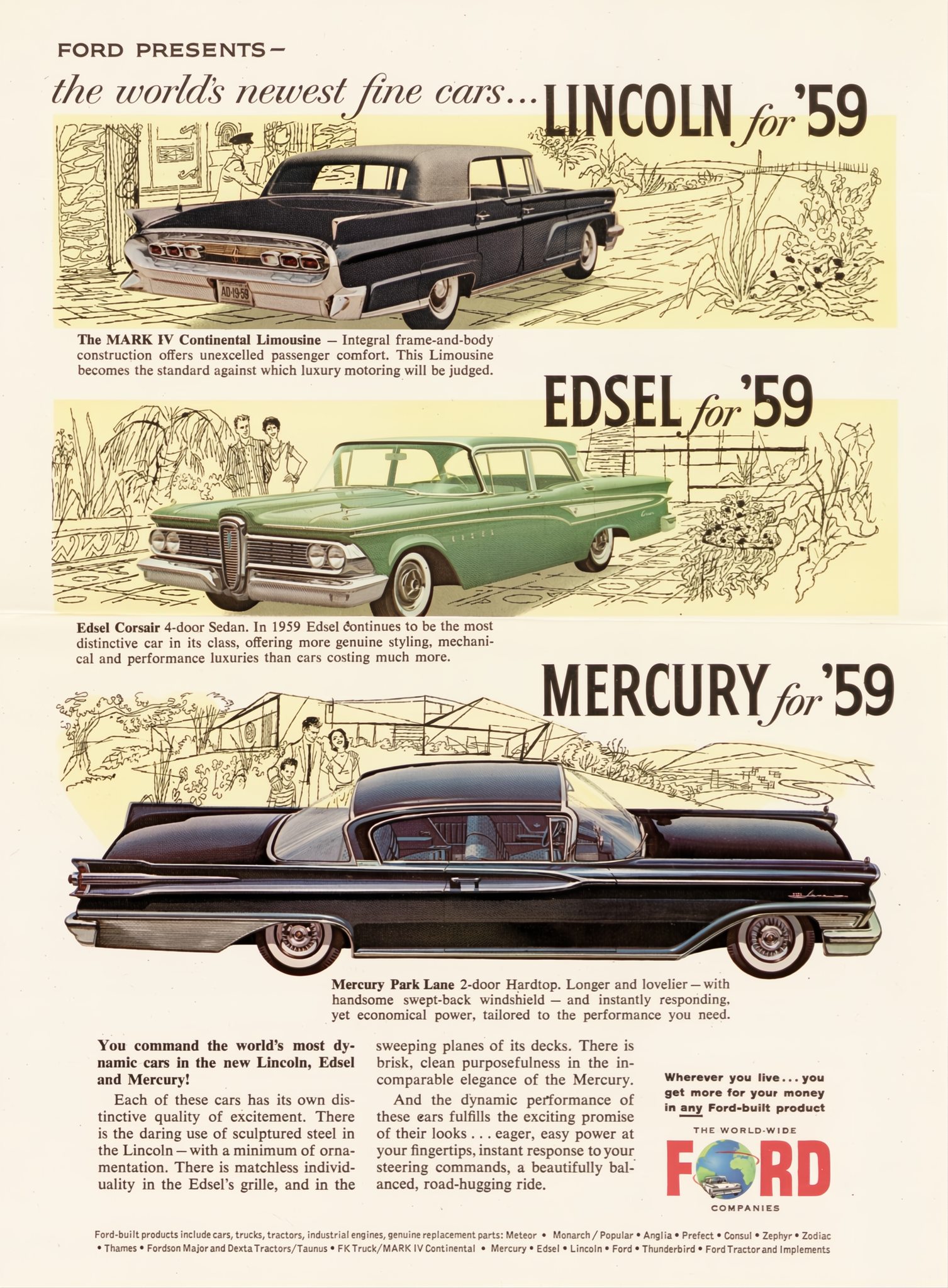1959 Ford models include Lincoln Mark IV and Edsel Corsair