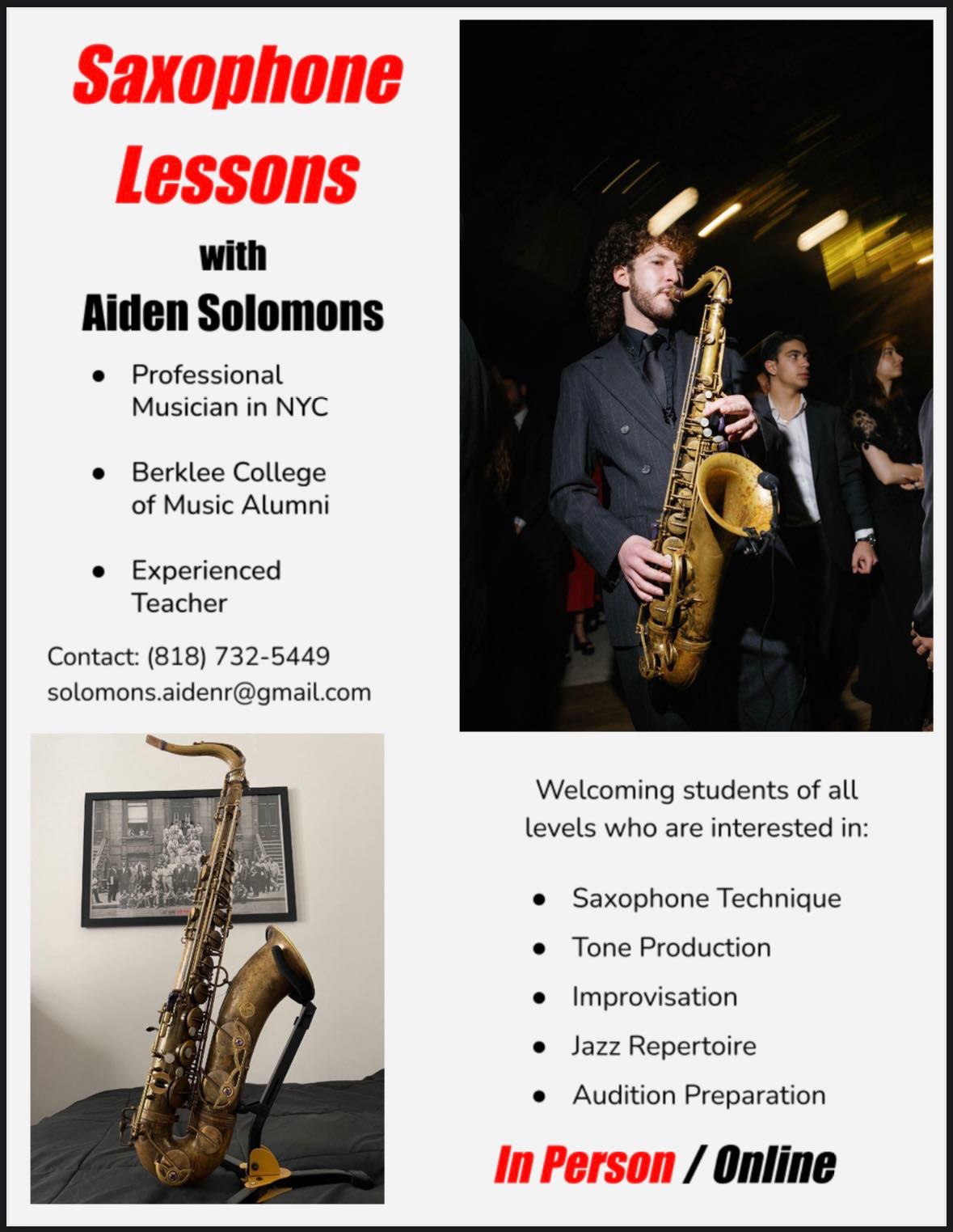 Saxophone Lessons with Aiden Solomons Professional Musician in NYC ...