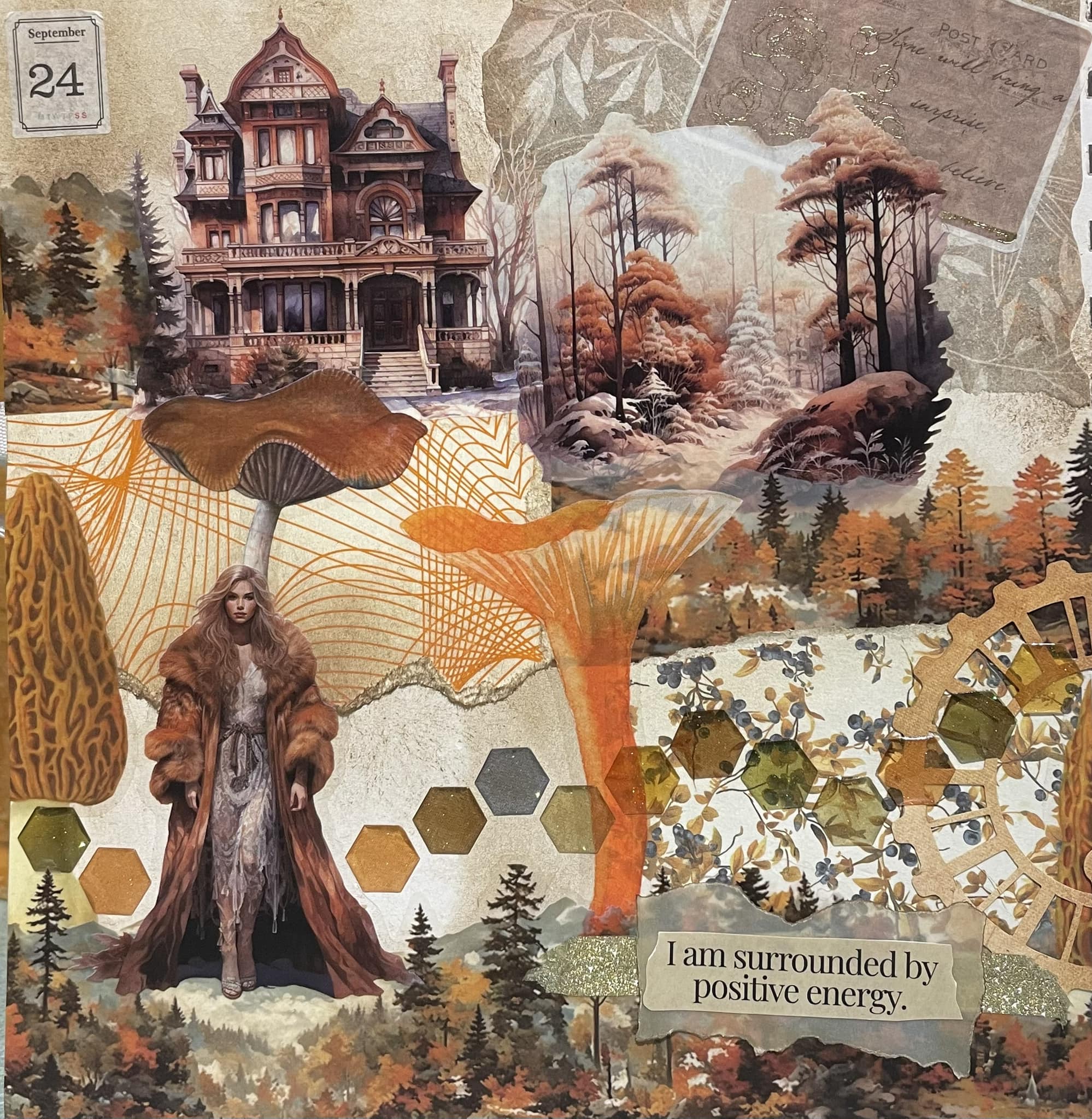 Autumn-themed junk journal page with brown background and ephemera