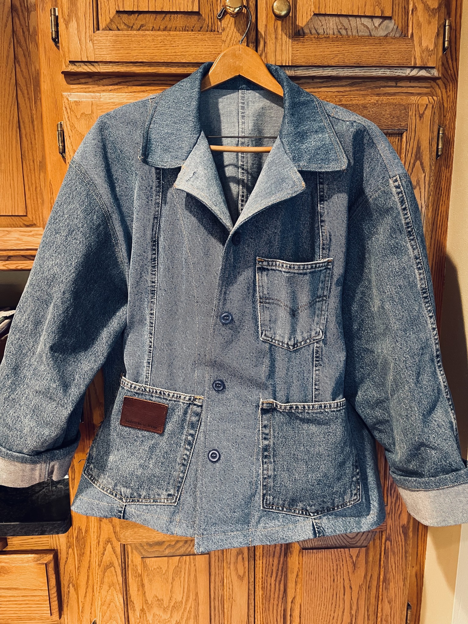 Upcycled Jean Jacket with French Workmen