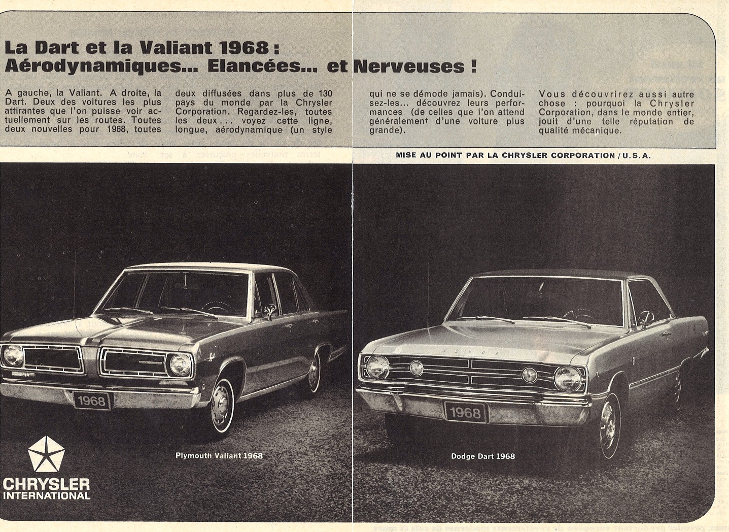1968 Dodge Dart & Plymouth Valiant French ad from Readers Digest