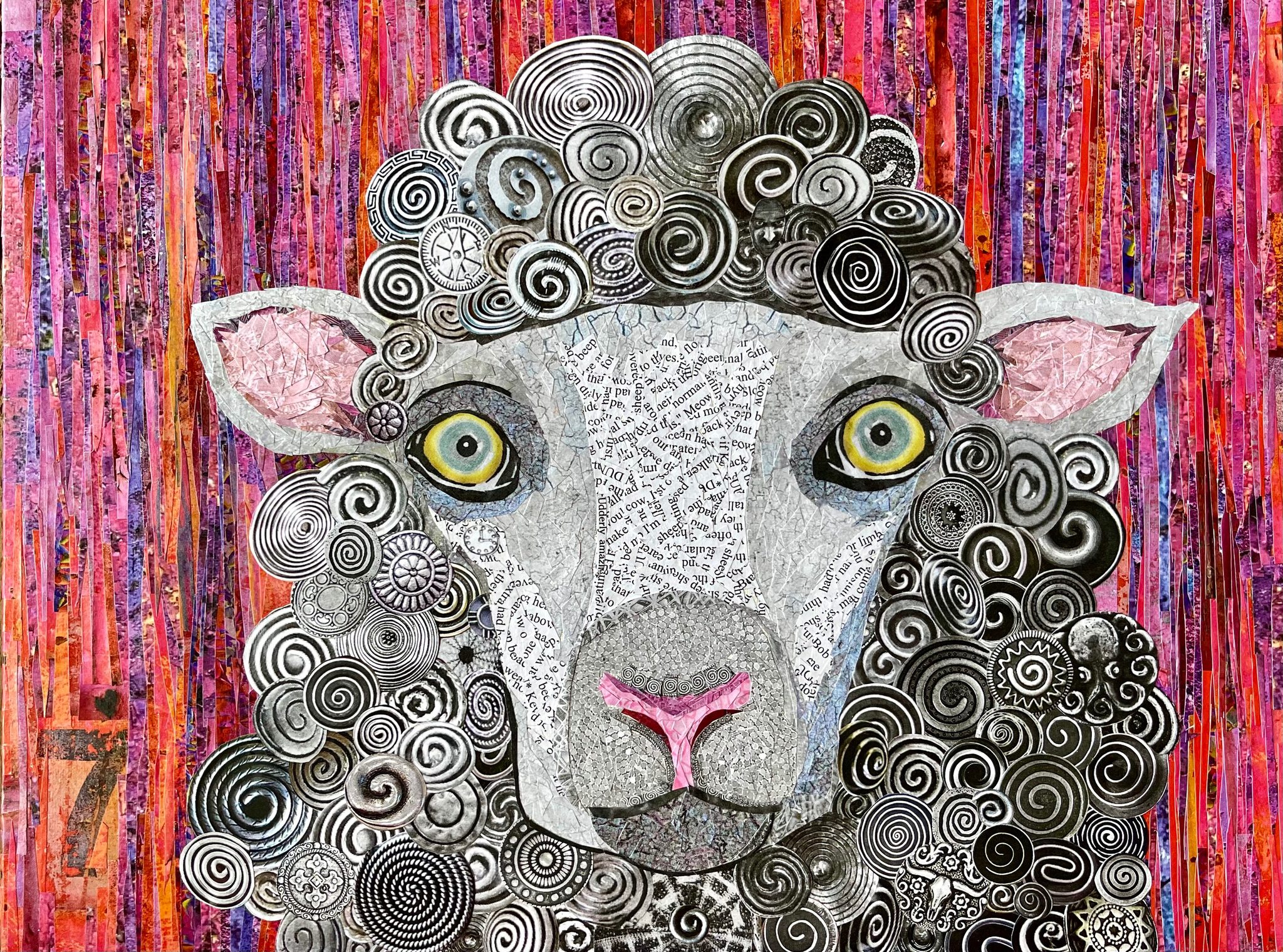 Cut Paper Collage Artwork 'Dolly' on Canvas Panel