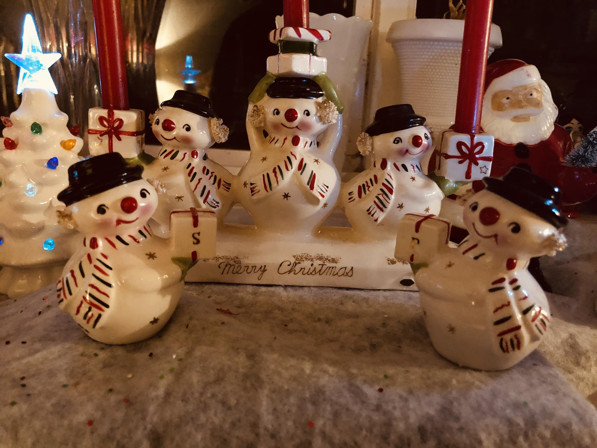 ☃️1950s vintage snowman wearing goggles Noel candle holders
