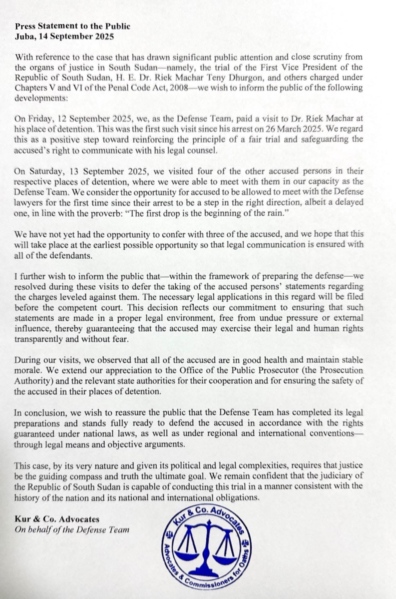 Deng Bol - The defense team for Dr. Riek Machar and others confirmed ...