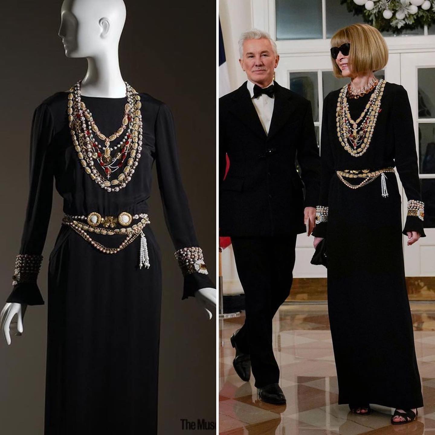 Anna Wintour gave a nod to France at the state dinner by wearing a 1983 dress by Karl Lagerfeld for Chanel… a particular treat to see as we have this exact dress
