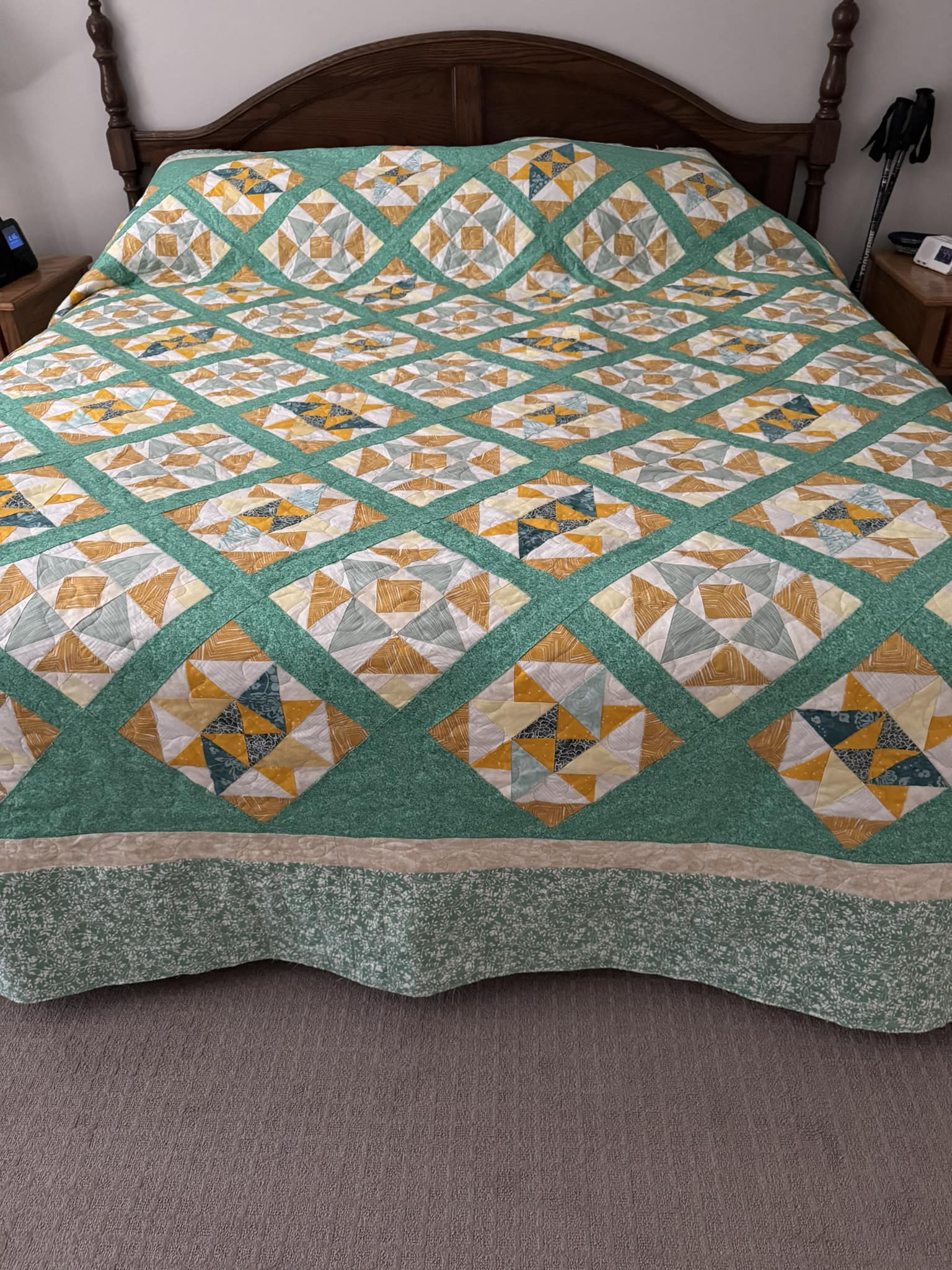 Quiltville's open studio features Bonnie's blocks with green sashing