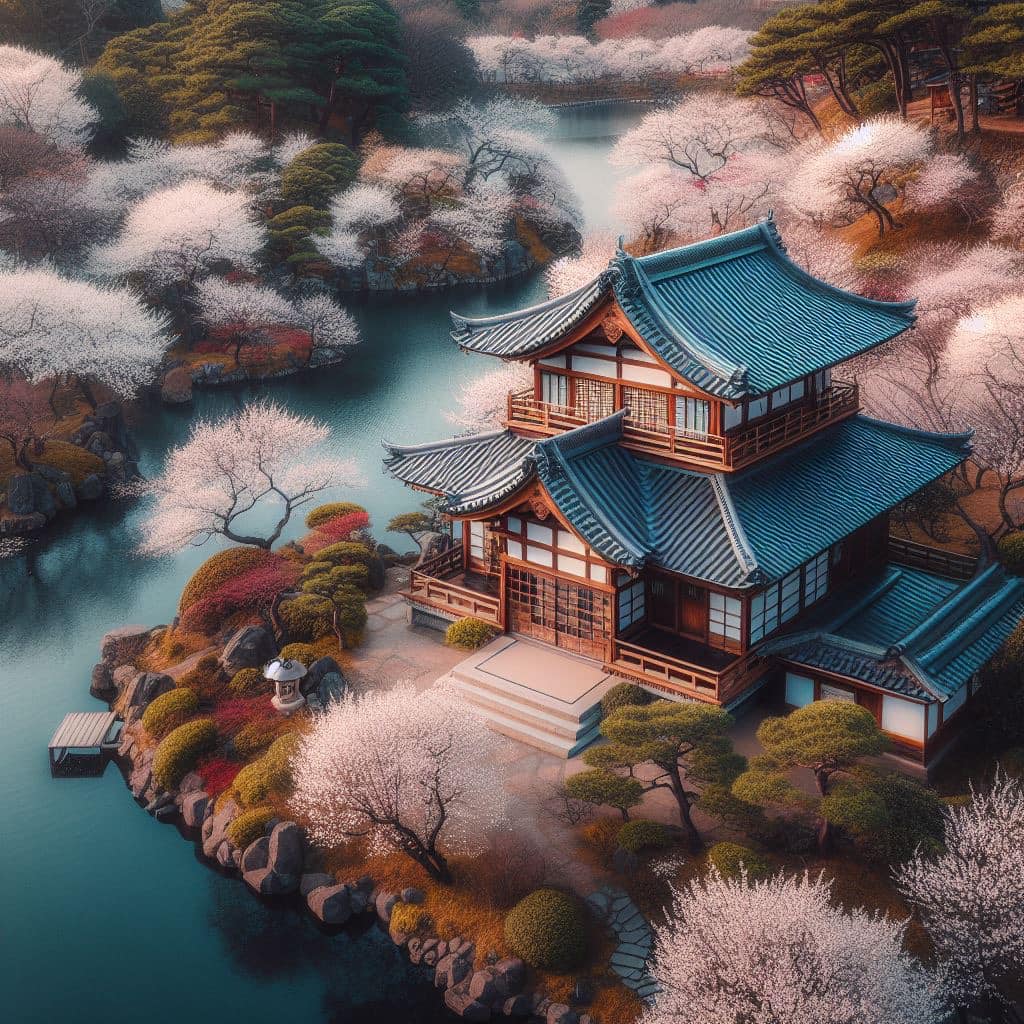 Japanese style house near lake with plum blossoms