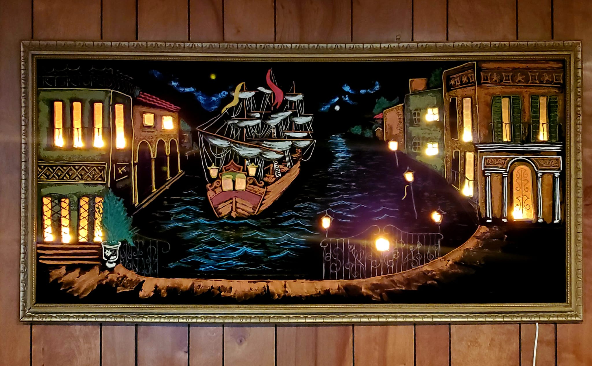 Velvet painting with light plug, dated 1974