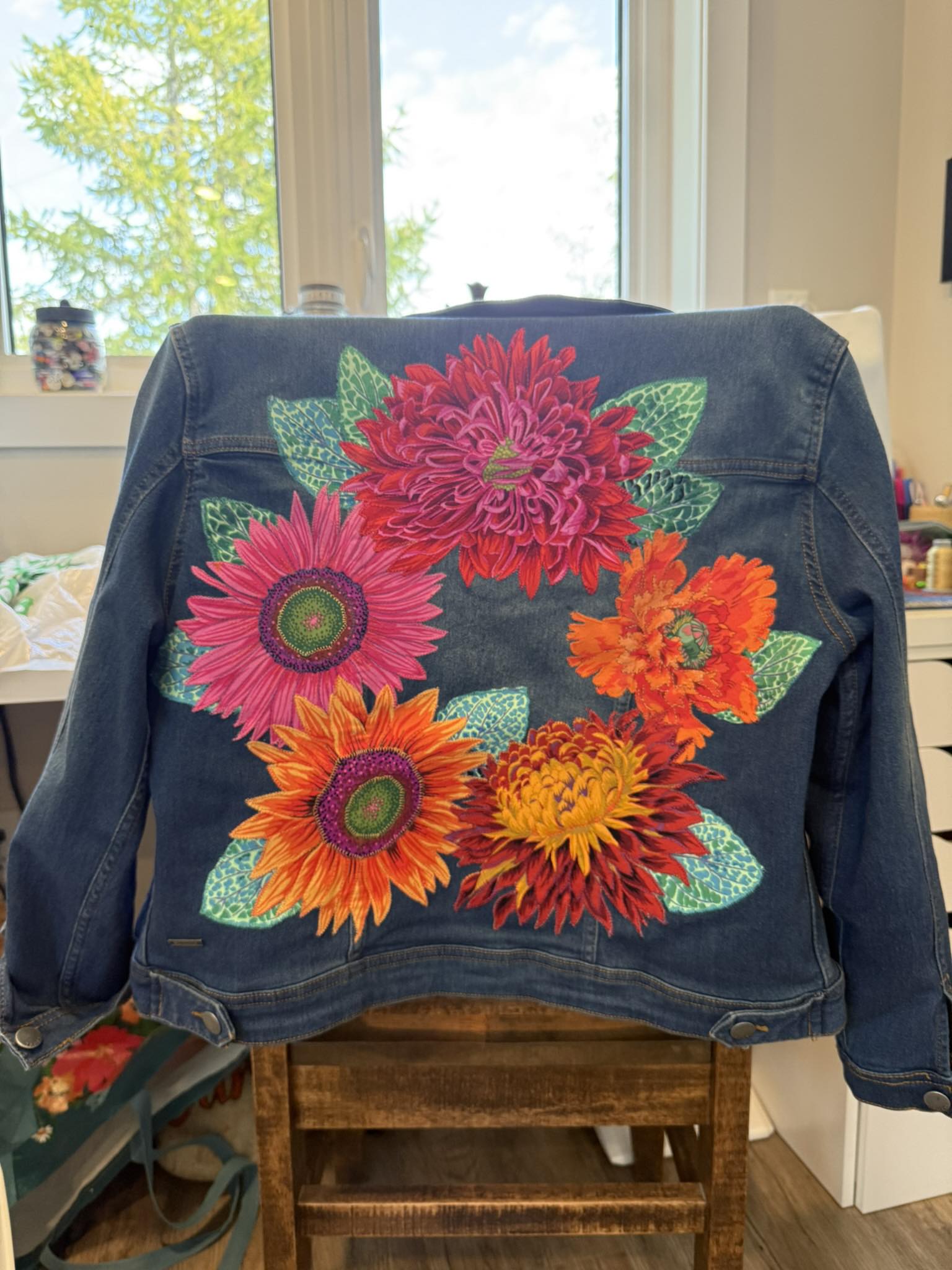 Finished jean jacket applique project