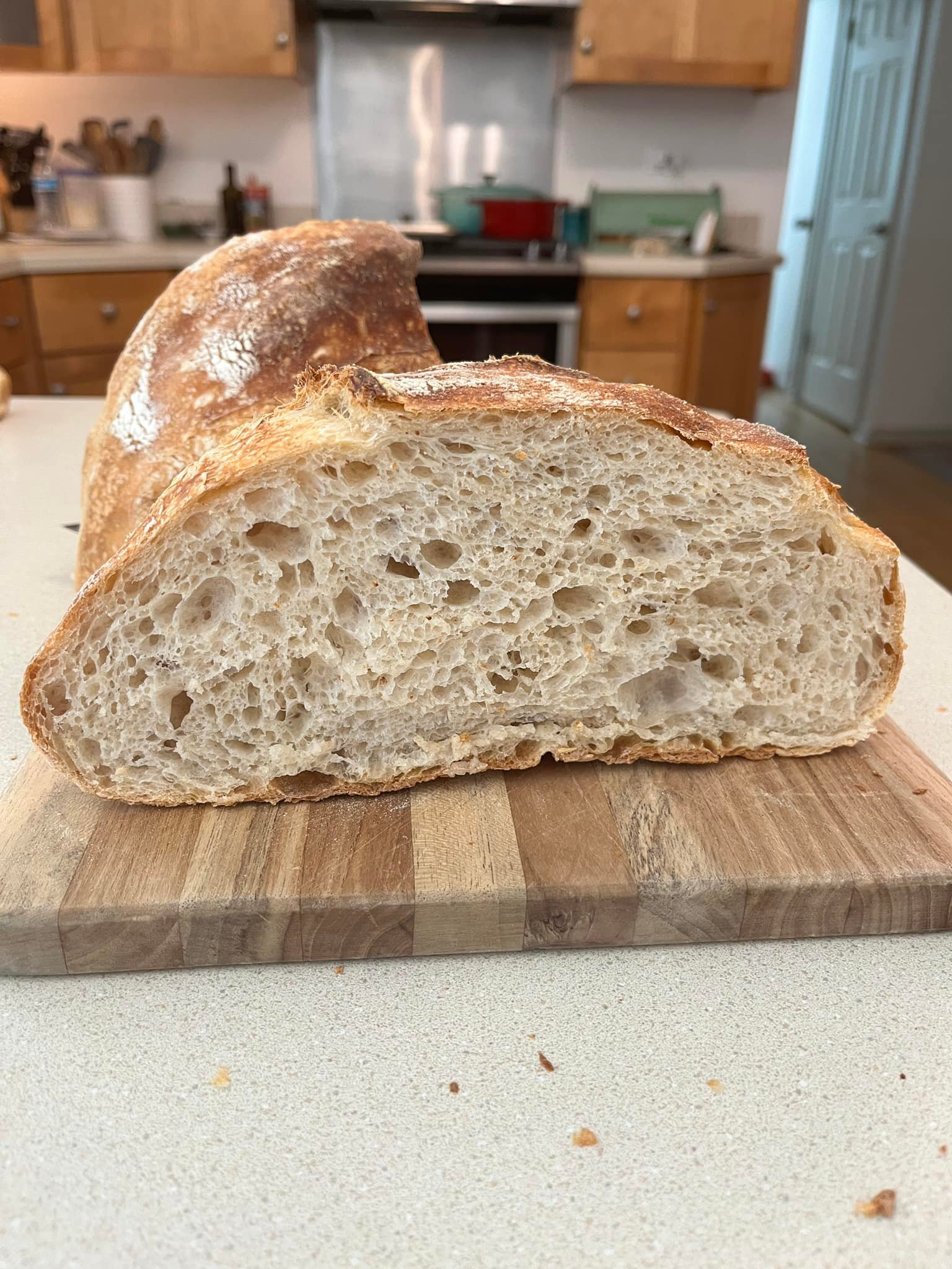 Soft and chewy sourdough crumb with crispy crust