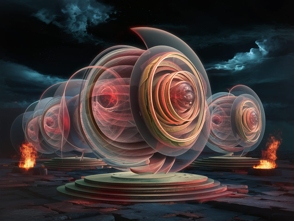 Fractal ophanim in darkened starry night, 3D visualization of