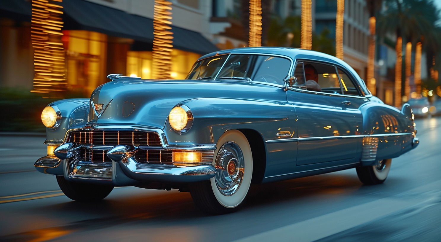 a blue cadillac 1949 car is driving down the street, in the style