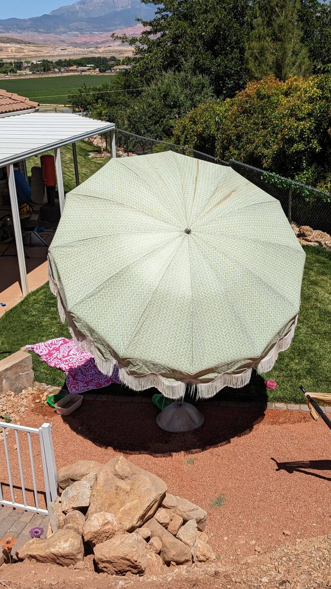 finkle fringed patio umbrella from 1950s Palm Springs Wooden with Fringe 6ft Tilt PS6-01 Unrivaled in its size and beauty Vintage Cal Patio Yellow Fringe
