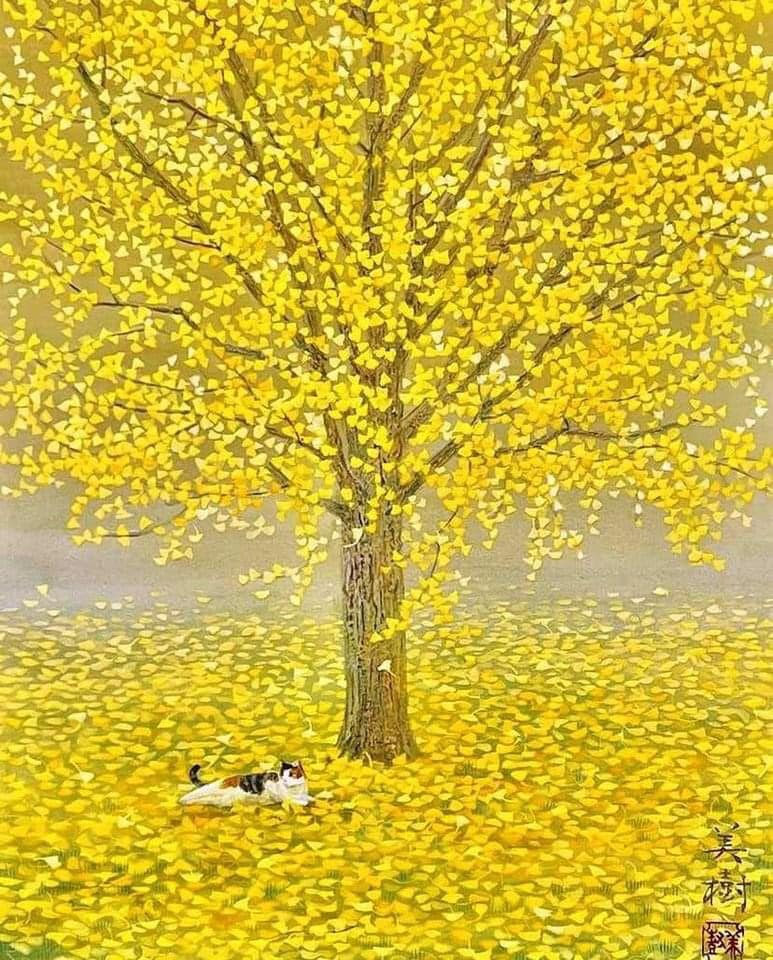 野地美樹子　きみどりの季節　秋　イチョウ　版画 Fireflies' (ホタル, Hotaru), 2018, by Noji Mikiko (野地美樹子
