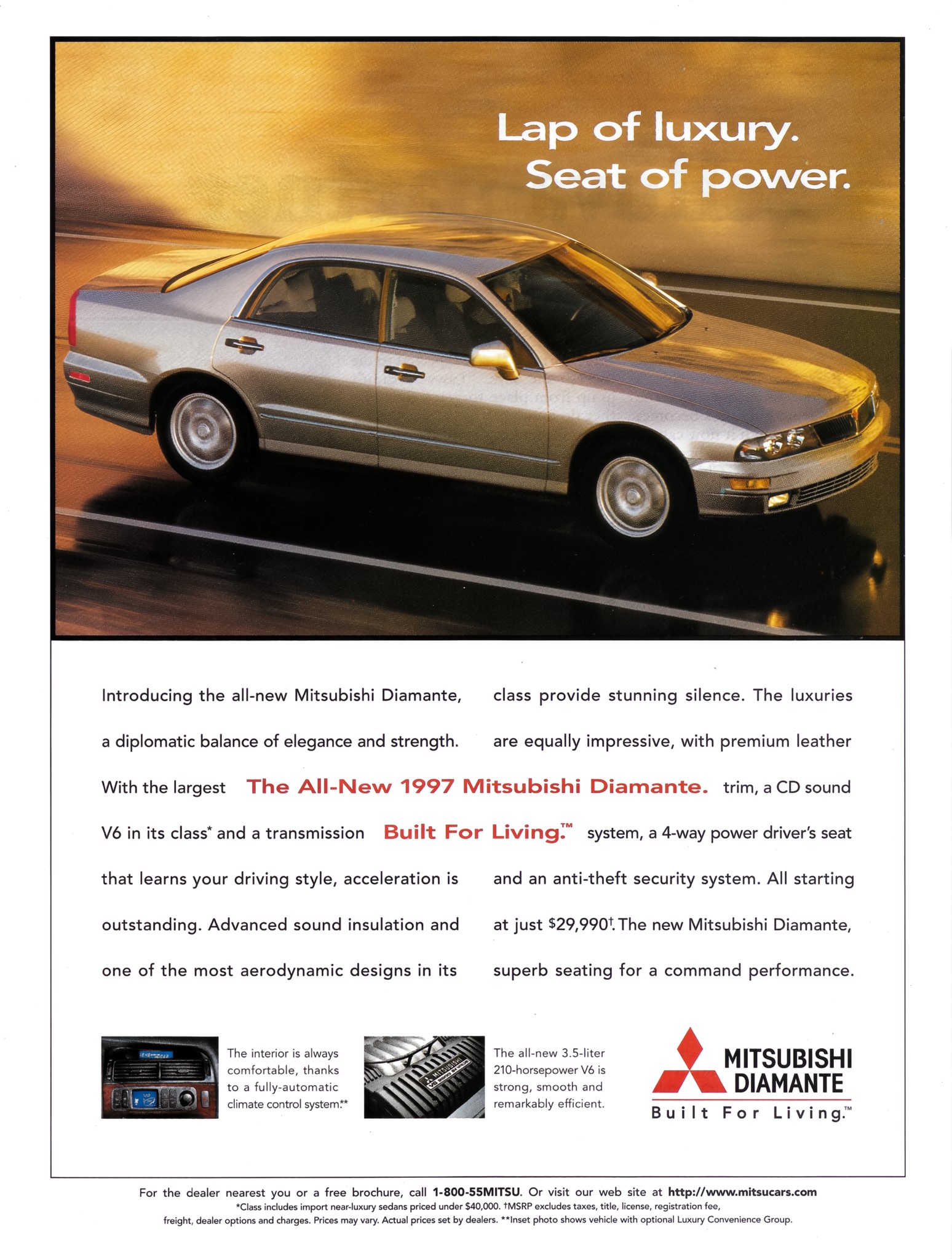 1997 Mitsubishi Diamante Ad. USA. Lap of luxury. Seat of power 