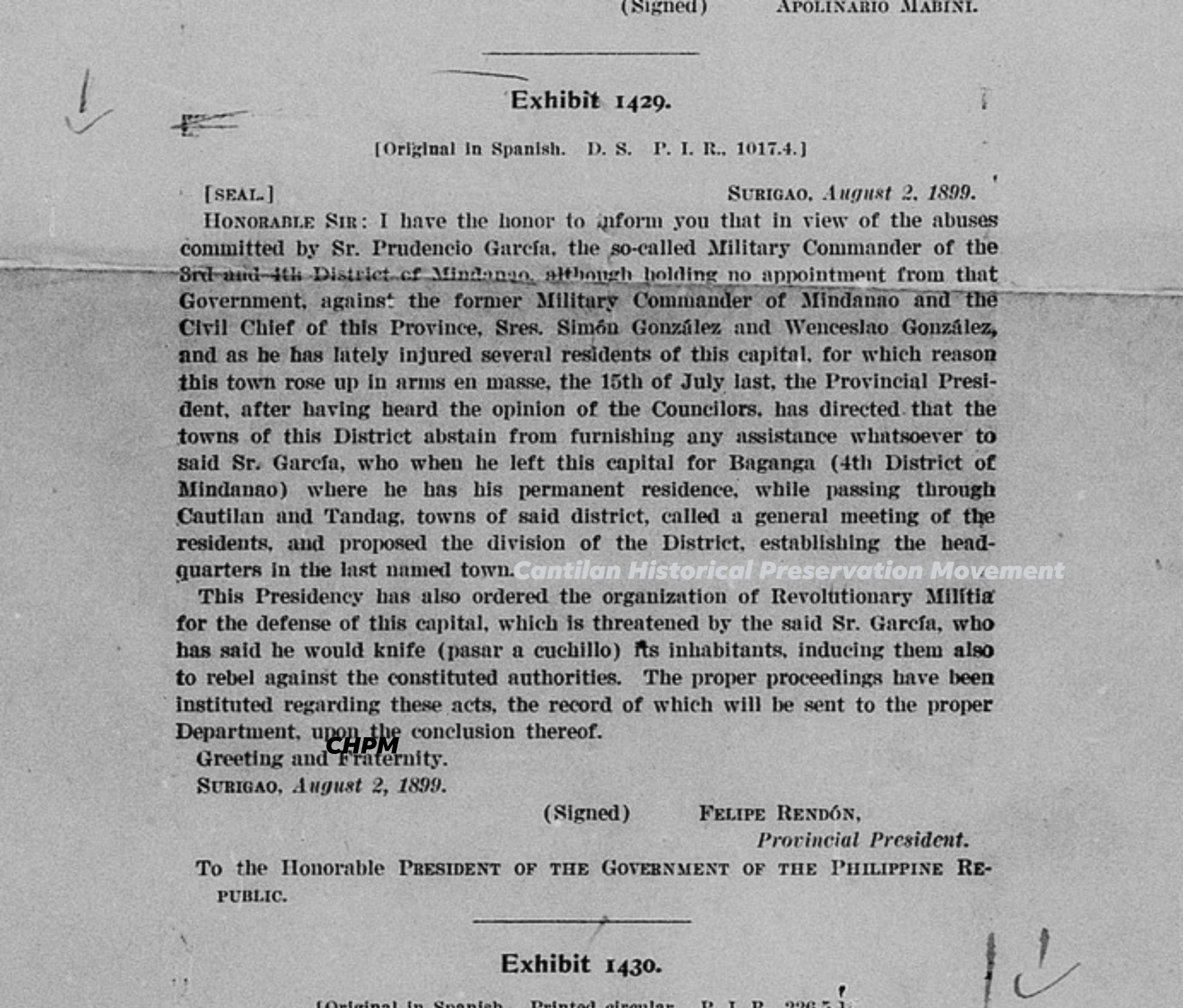 Cantilan Historical Preservation Movement | Letter of Felipe Rendon ...