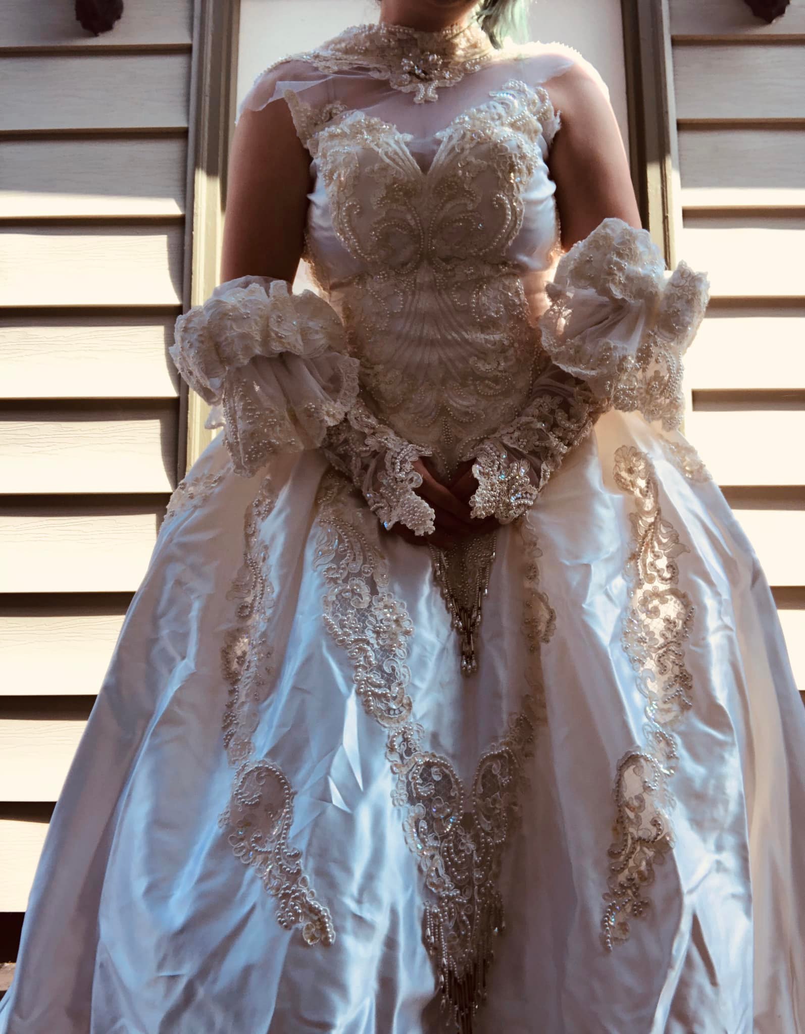 goodwill wedding dress bachelorette for $40 with sleeve alterations Brami-old Color:Cream Floral Print Light Blue Wedding Dress