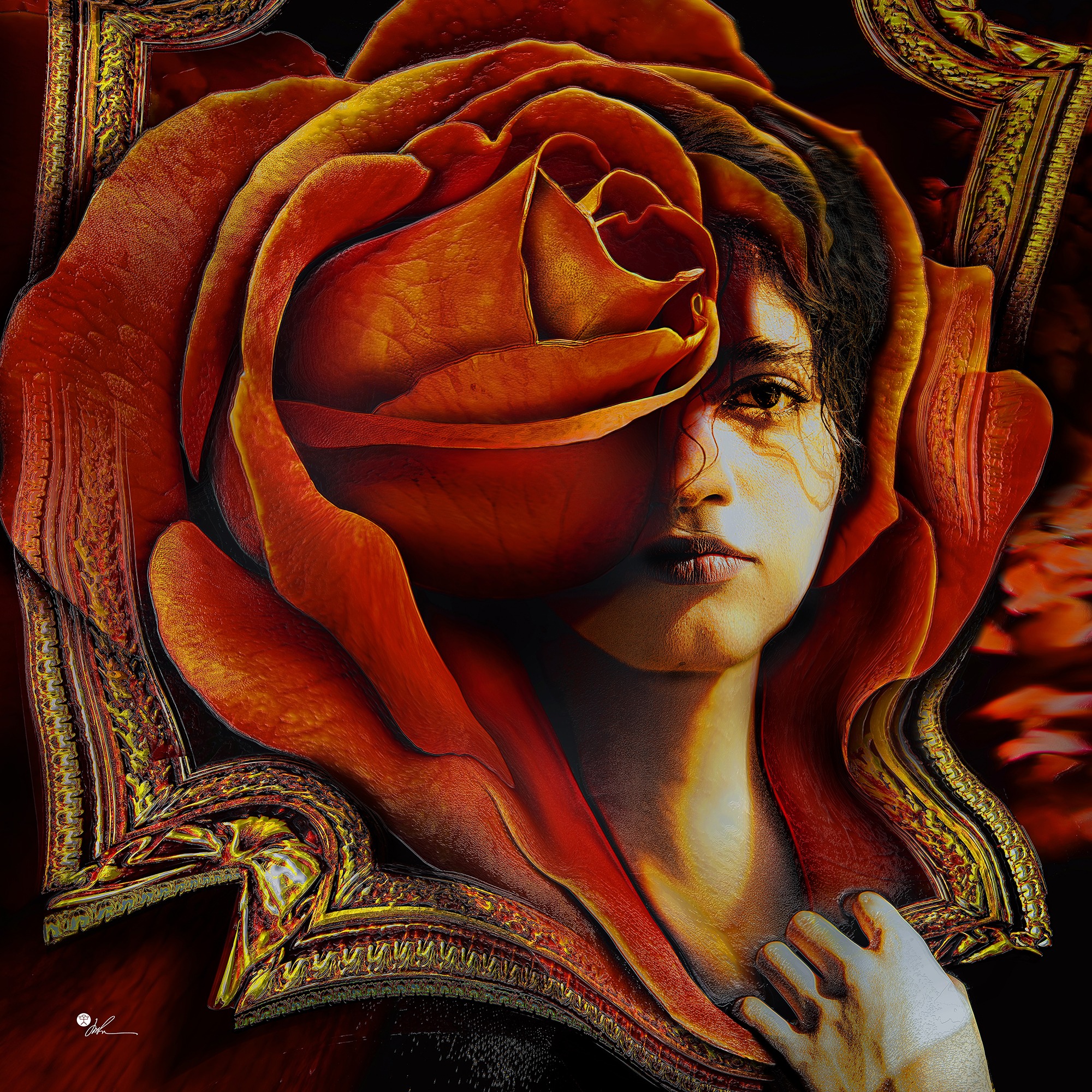 Surreal pink rose female figure art