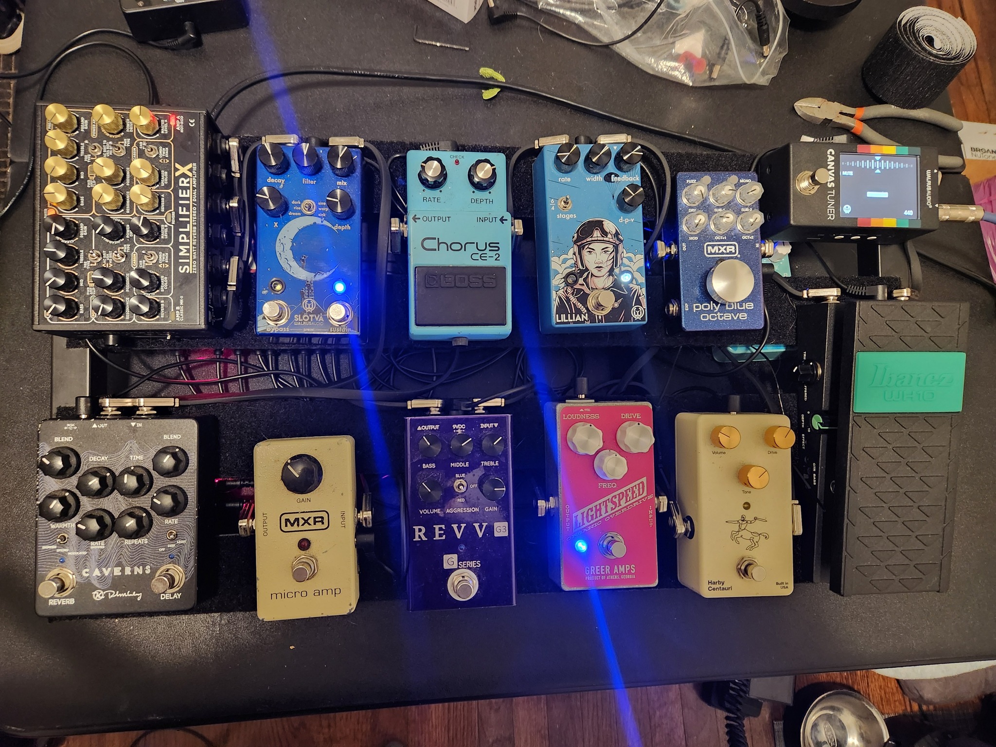 Pedalboard setup with Wilson Effects and Korg Pitchblack X