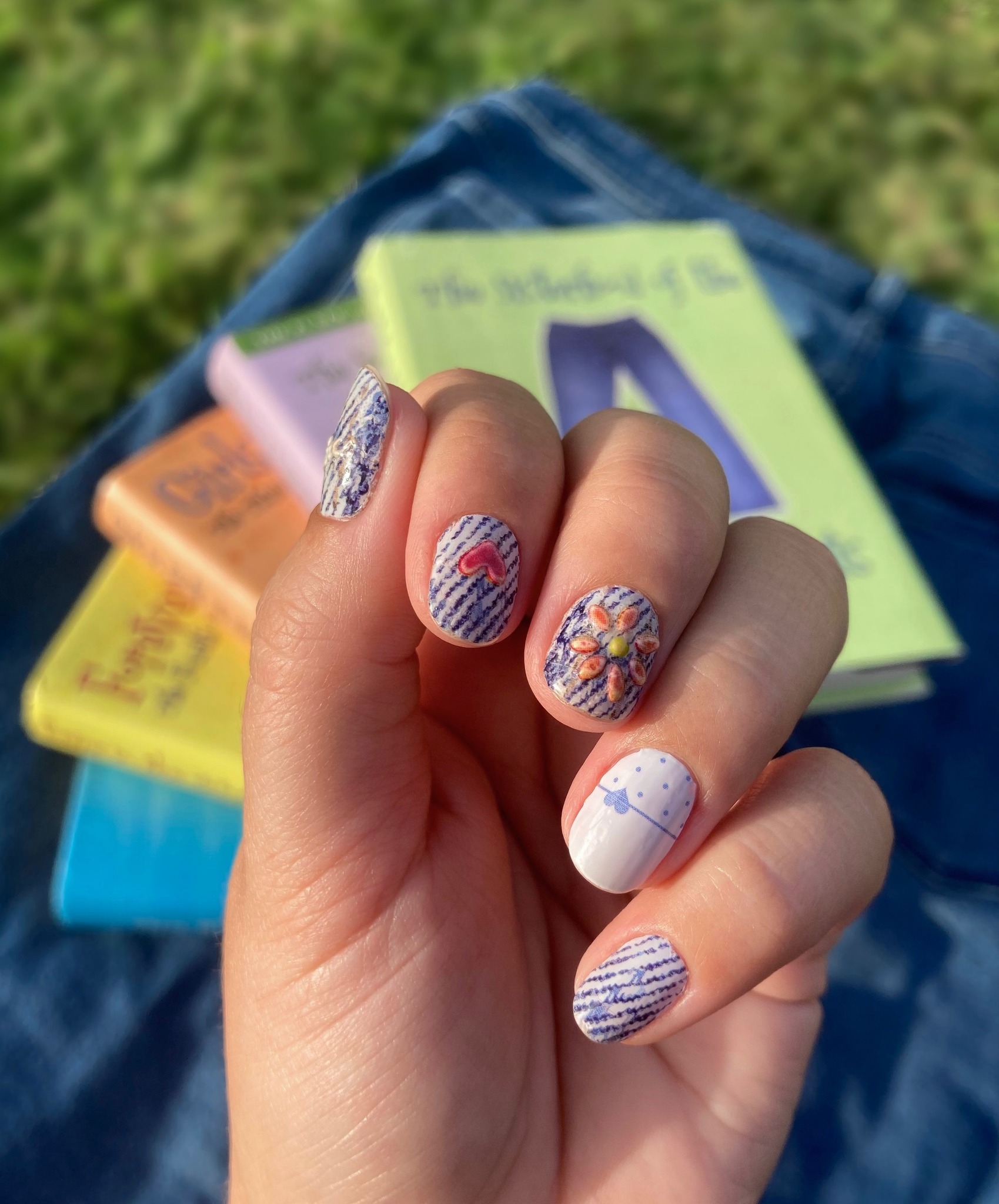 Designer denim nail stickers with plumping top coat
