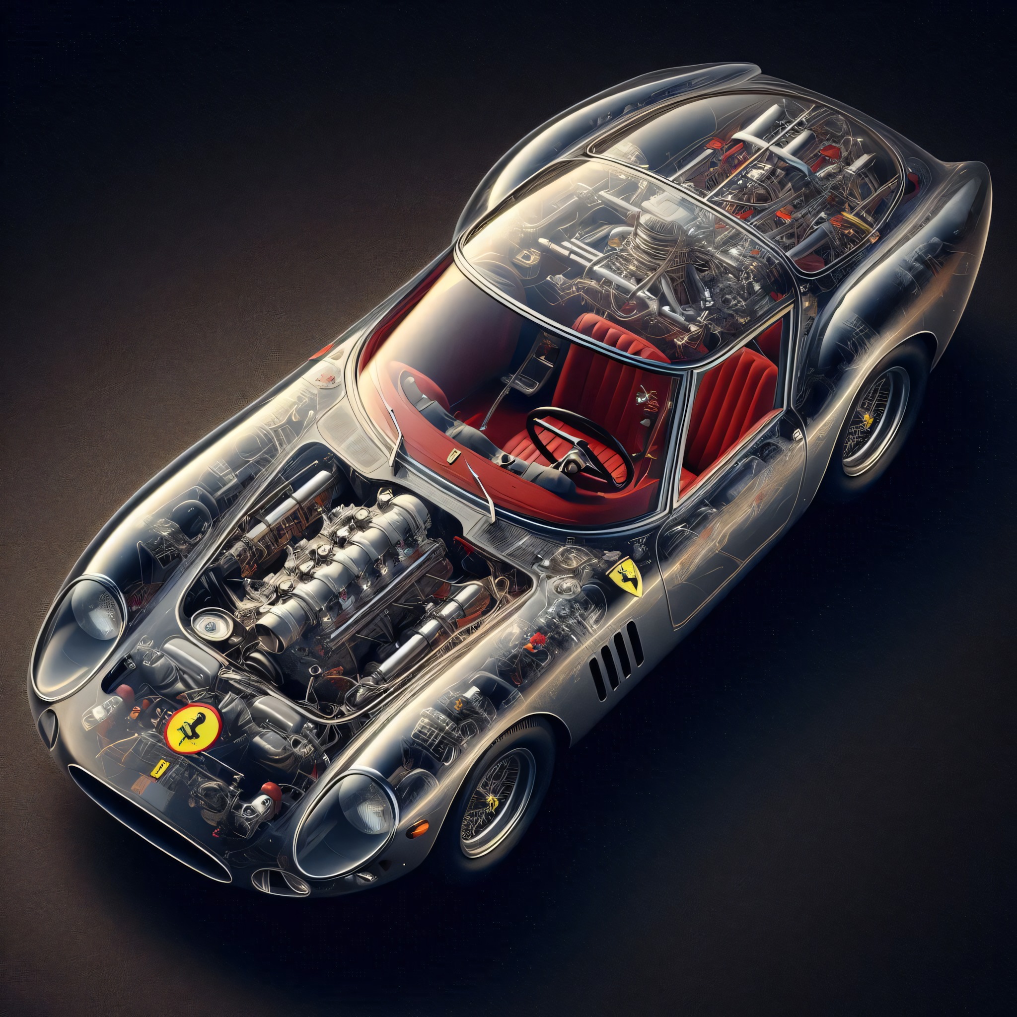 Aerial view of Ferrari 250 GTO with transparent body and detailed 