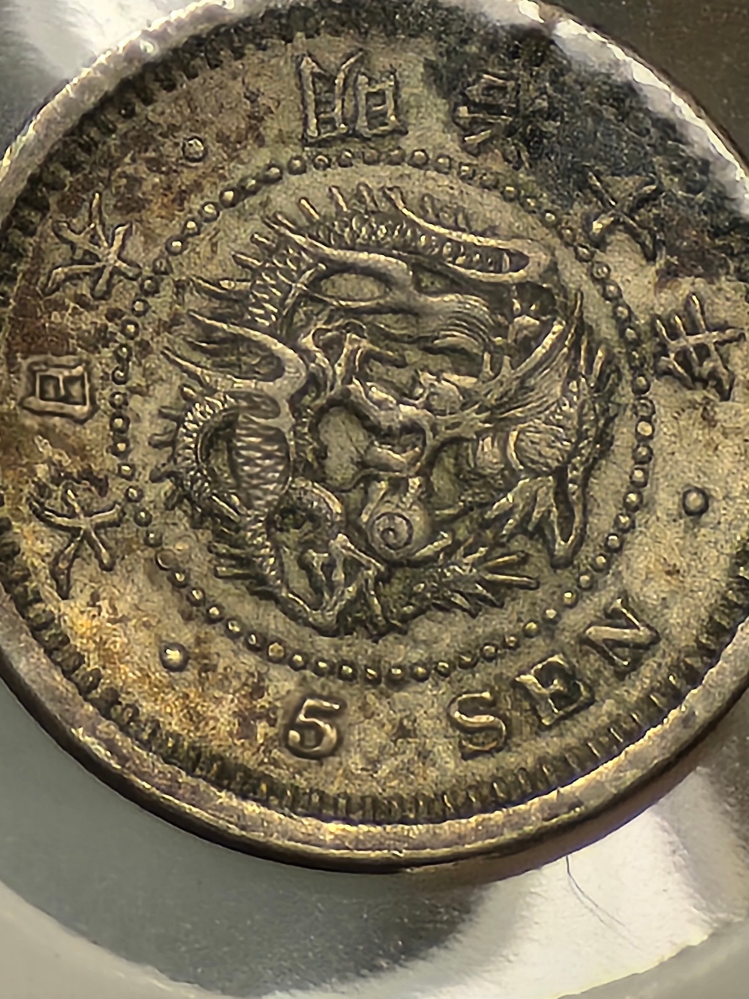 What is the identification of the 1877 5 Sen coin?