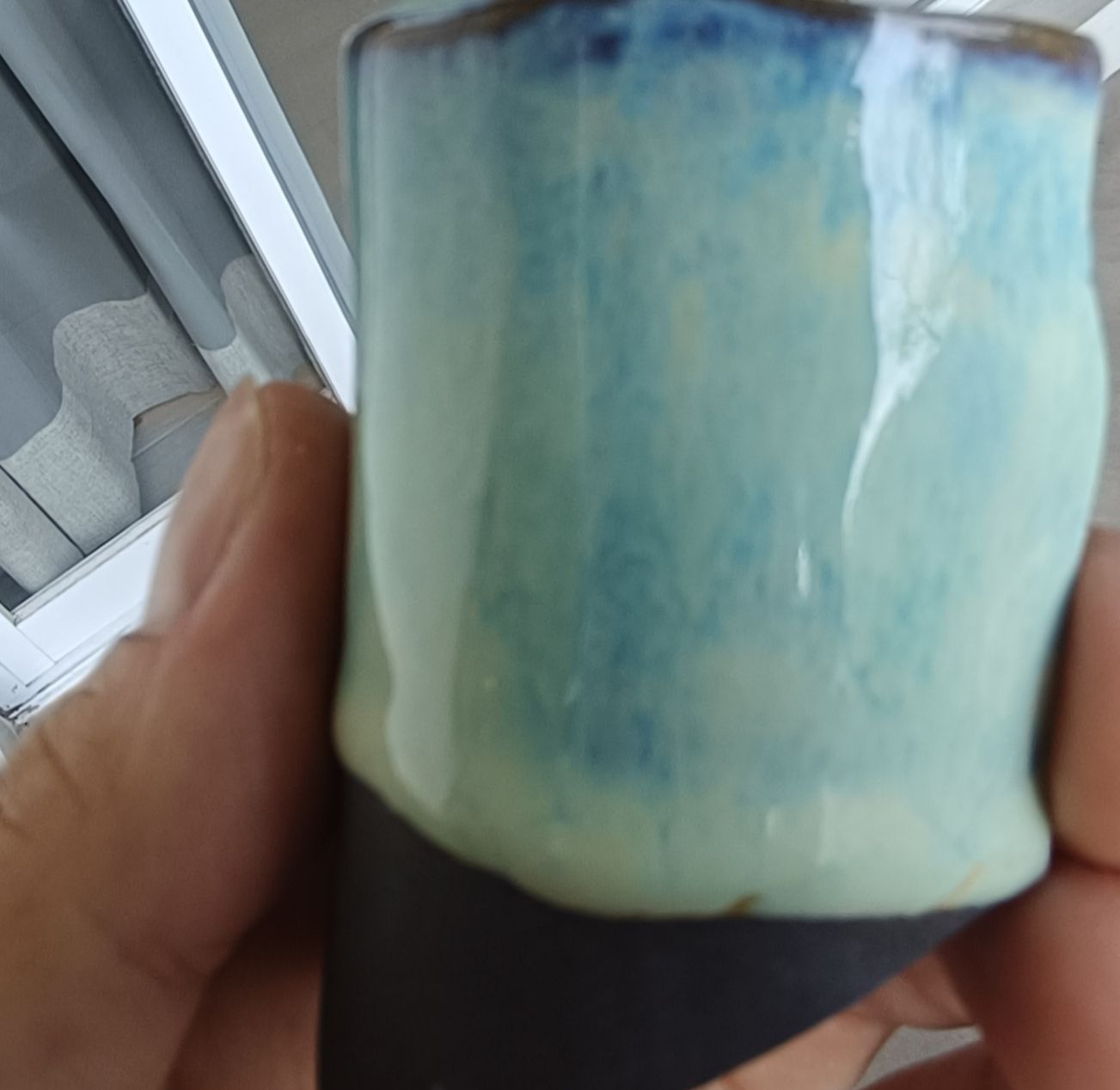 Sand and Sea 2x, then Micropearl 2x. On Black ice porcelain. Cone 6