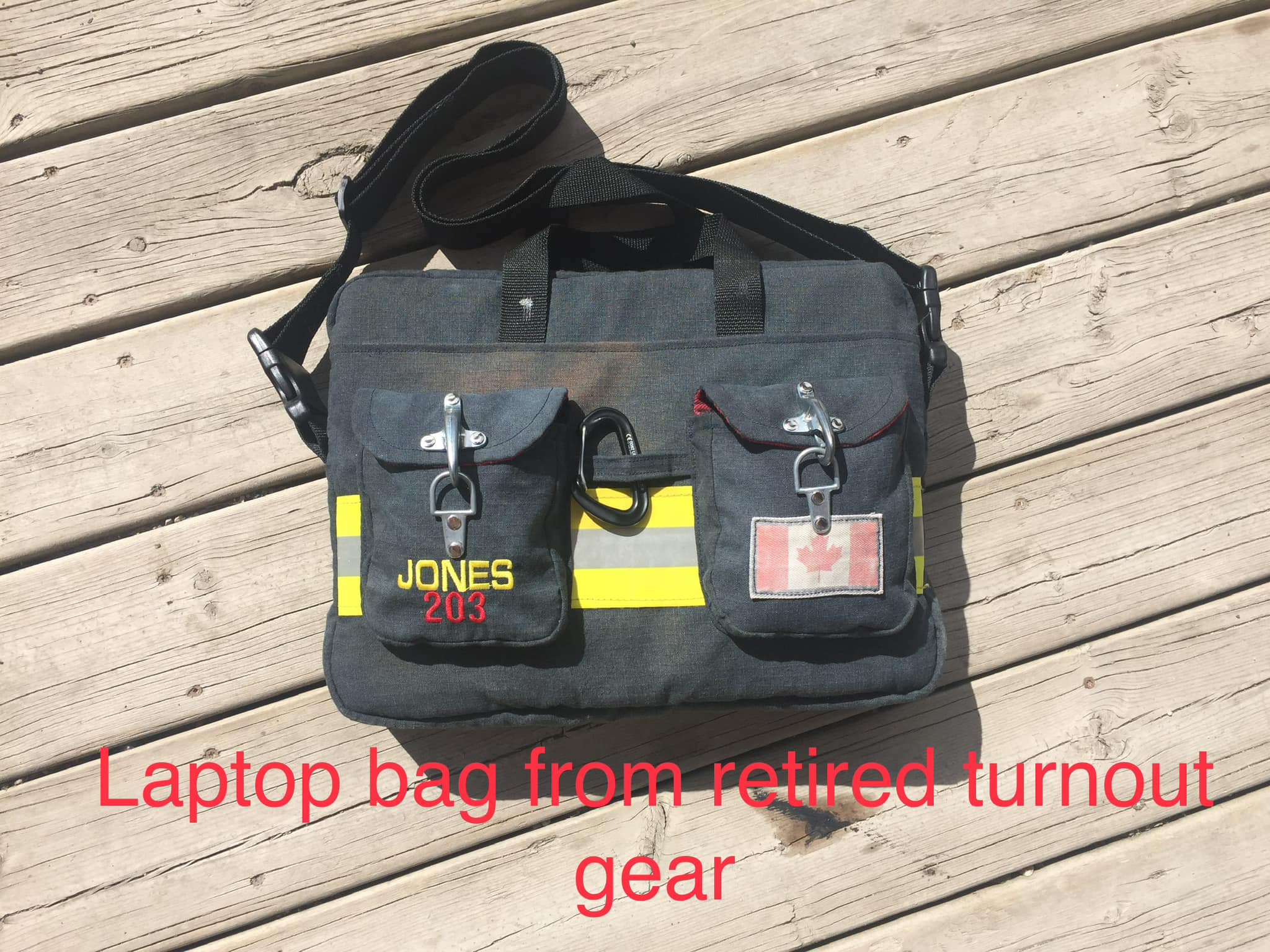 Upcycled firefighter gear laptop bag with character