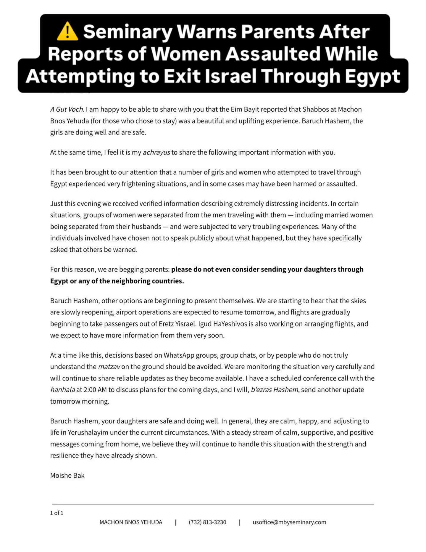Women assaulted exiting Israel through Egypt, seminary warns parents
