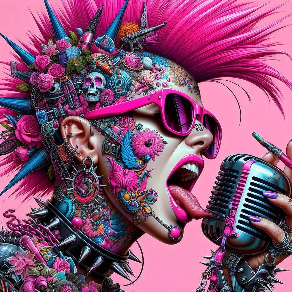 アート・デザイン・音楽 WIRED UP! Glam, ProtoPunk, and Bubblegum hyper realistic punk art, with razzmatazz pink**