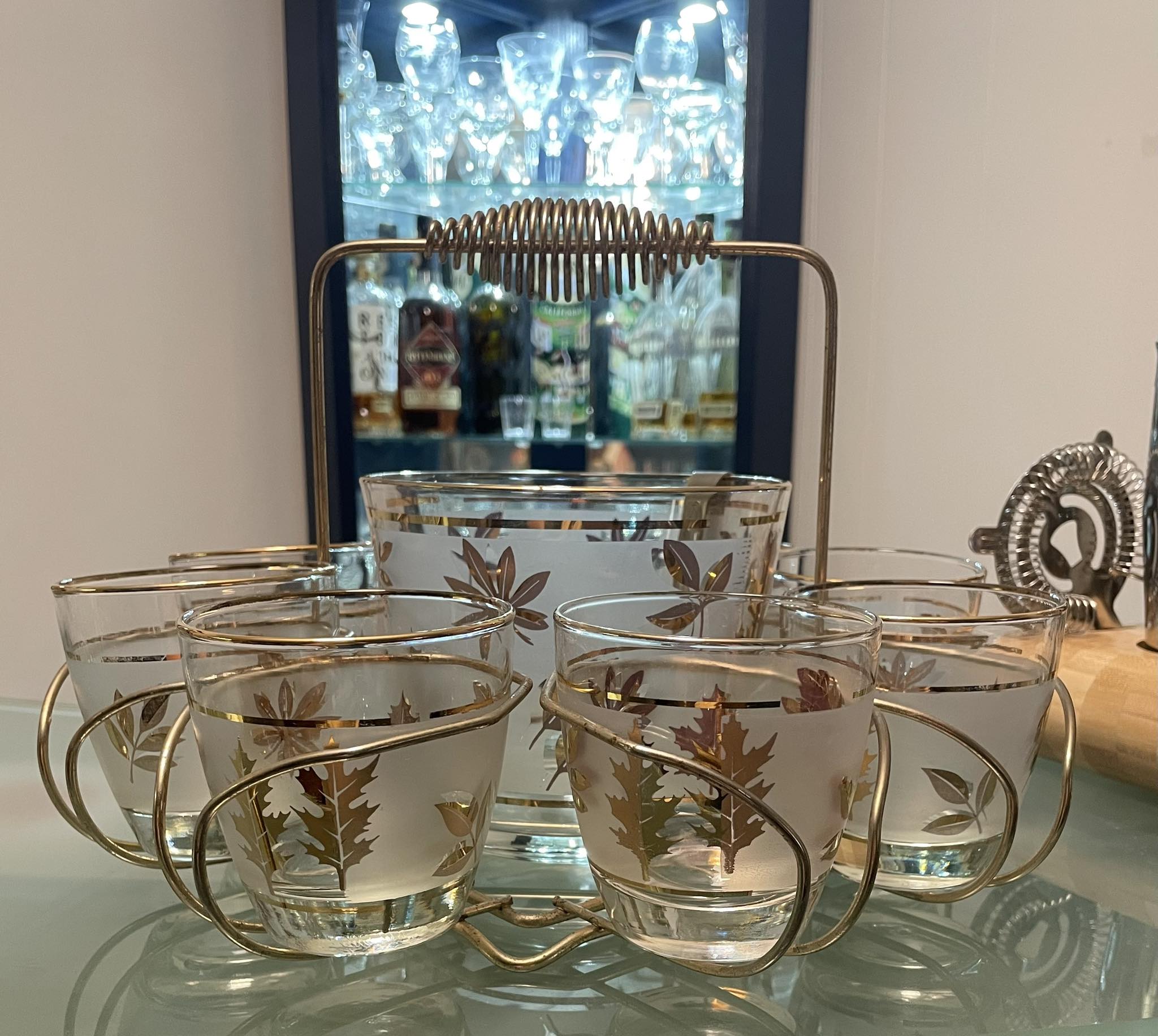Libbey Foliage frosted ice bucket set with glasses