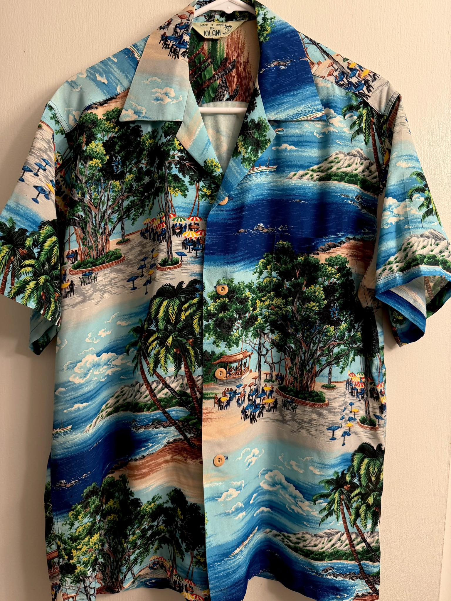 1950s Iolani scenic print Hawaiian shirt back detail