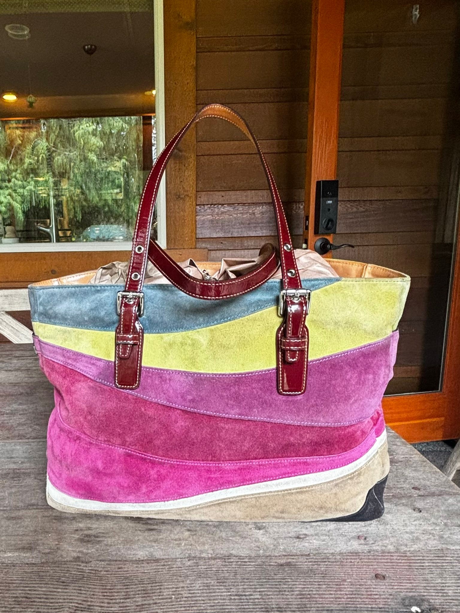 Y2K Coach multicolor suede tote for sale