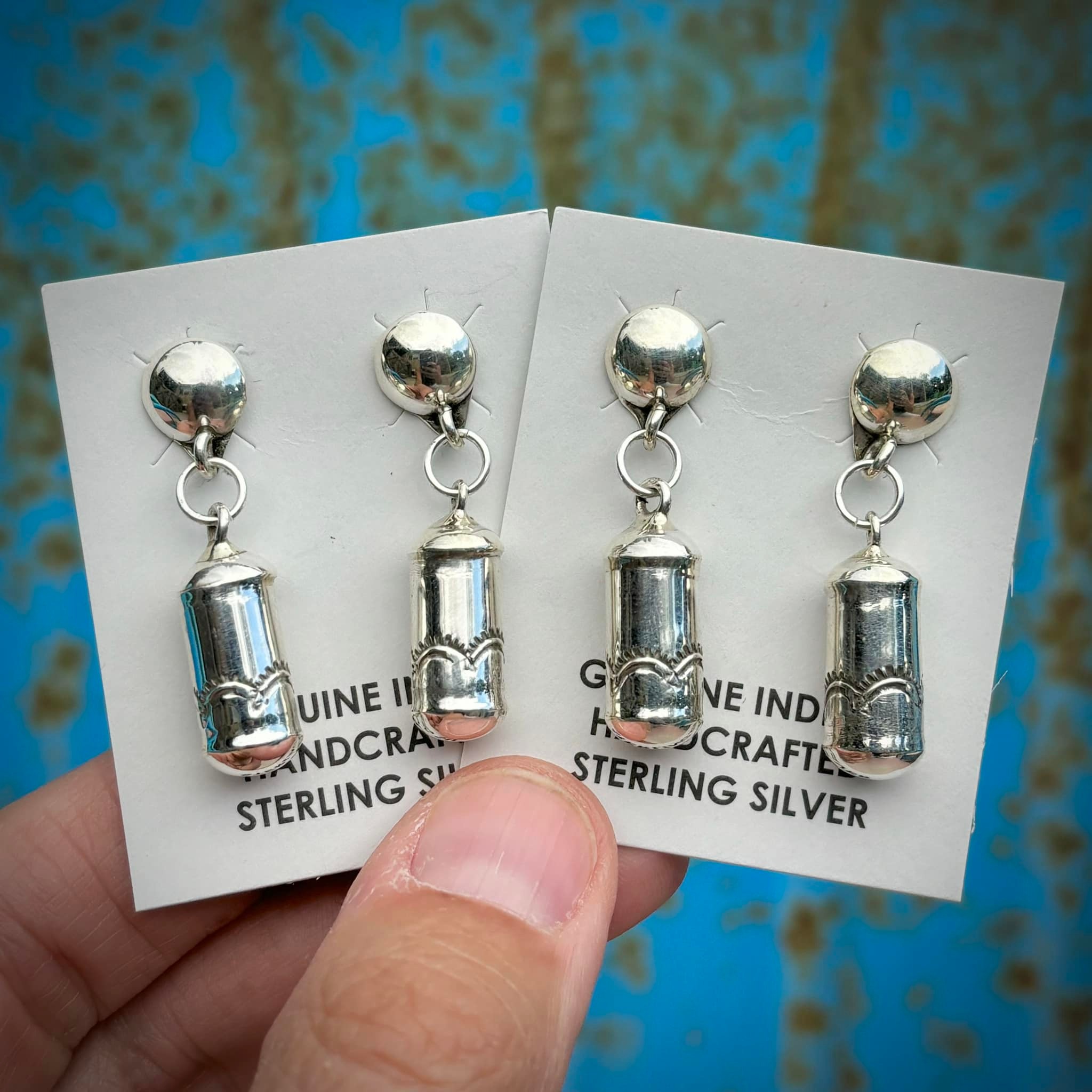 Sterling silver Navajo drum earrings for sale display picture 1