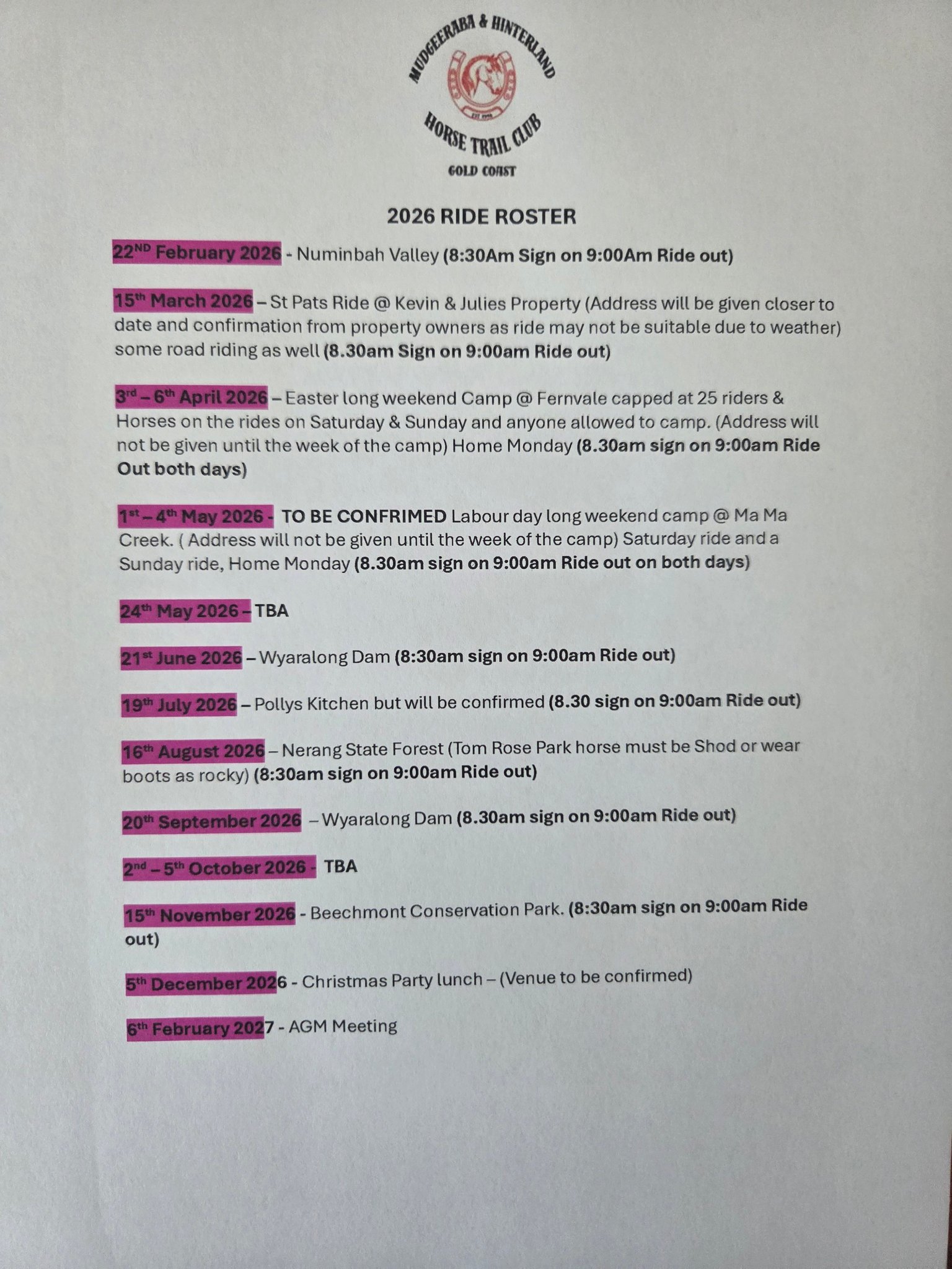 Mudgeeraba & Hinterland Horse Trail Club Inc | Ride roster for people ...