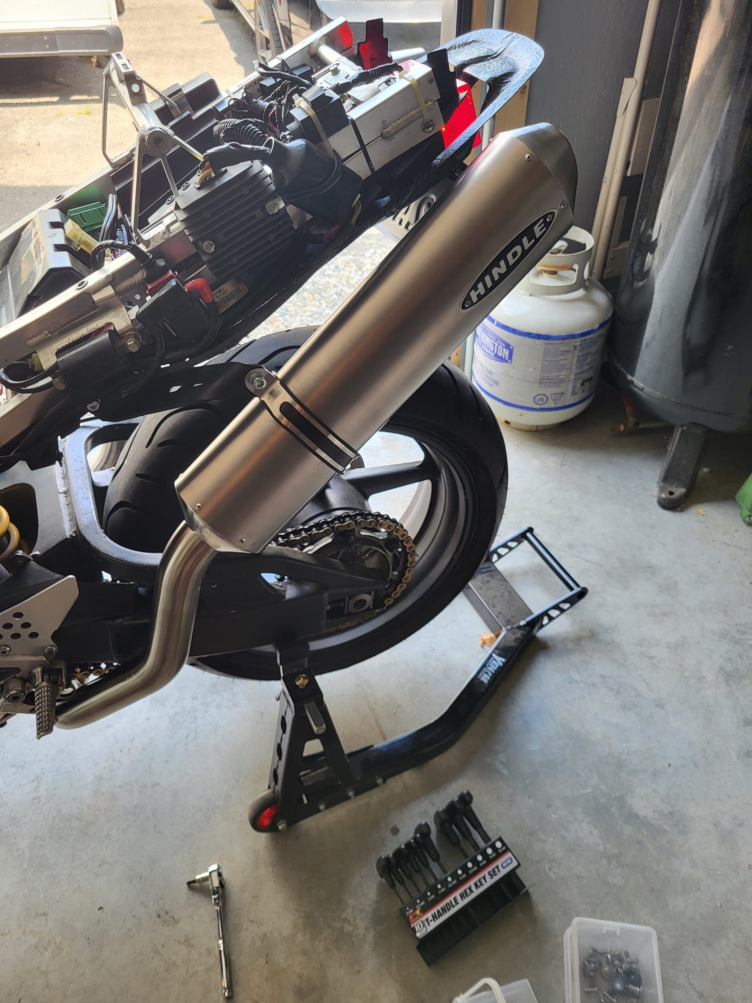 High mount Hindle exhaust on classic sportsbike