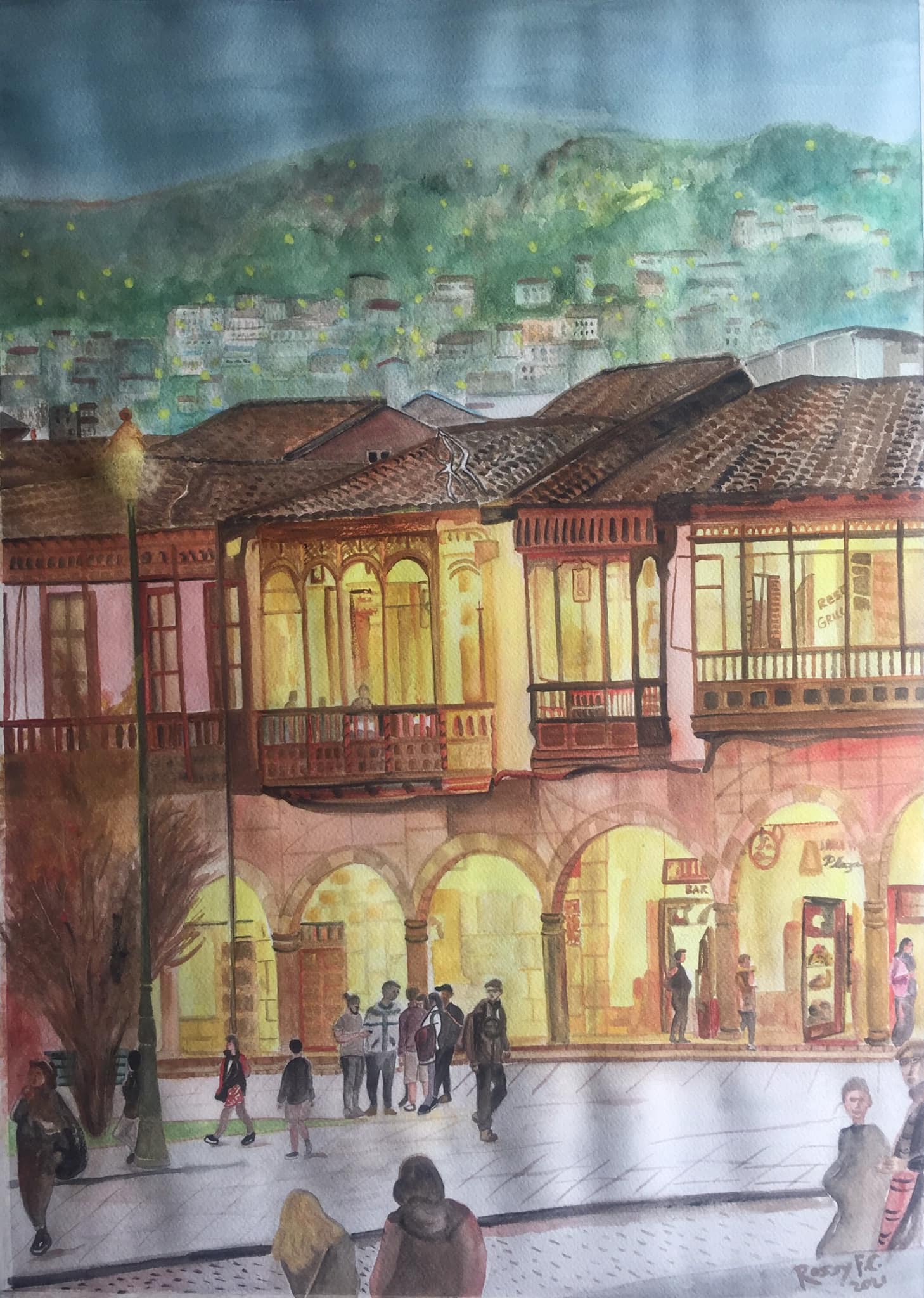 Watercolor painting of Cusco street by Daniel Maxi Cueva