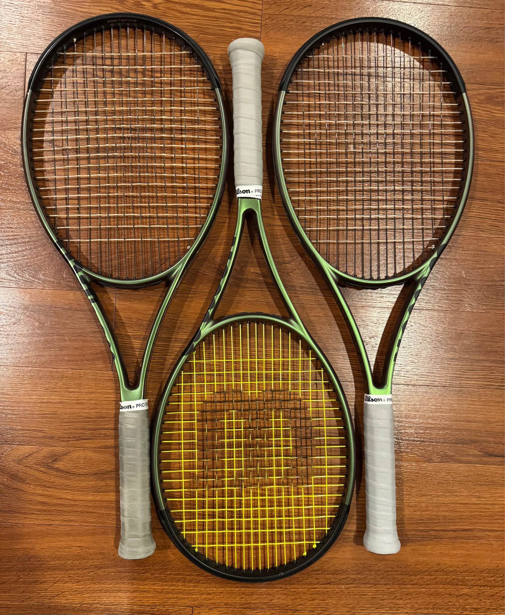 Three Wilson Blade V8 98 tennis racquets, grip size 4 1/4, strung 