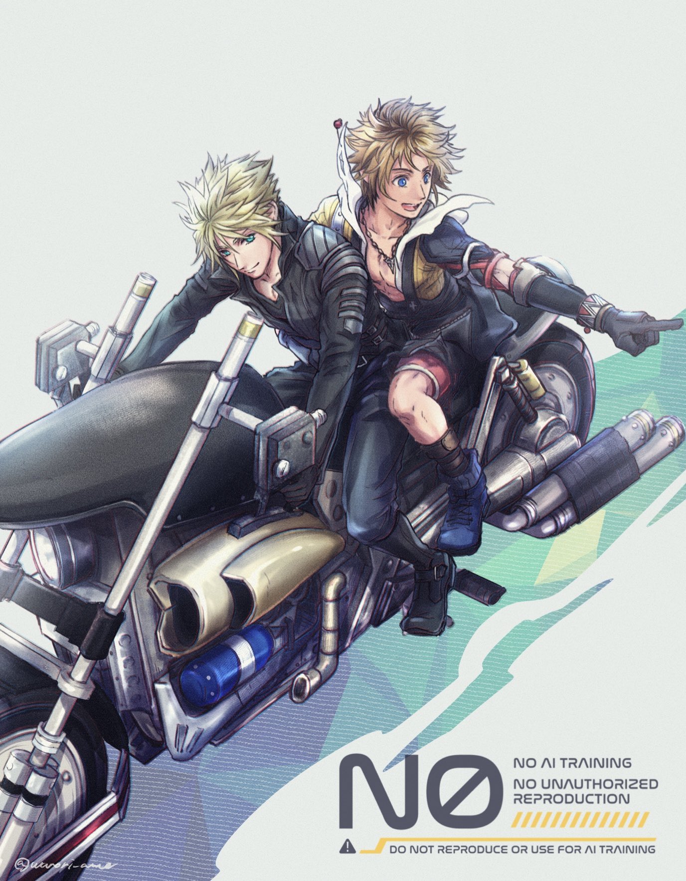 Cloud and Titus share a joyride on a motorbike in FF7 x FF10 crossover